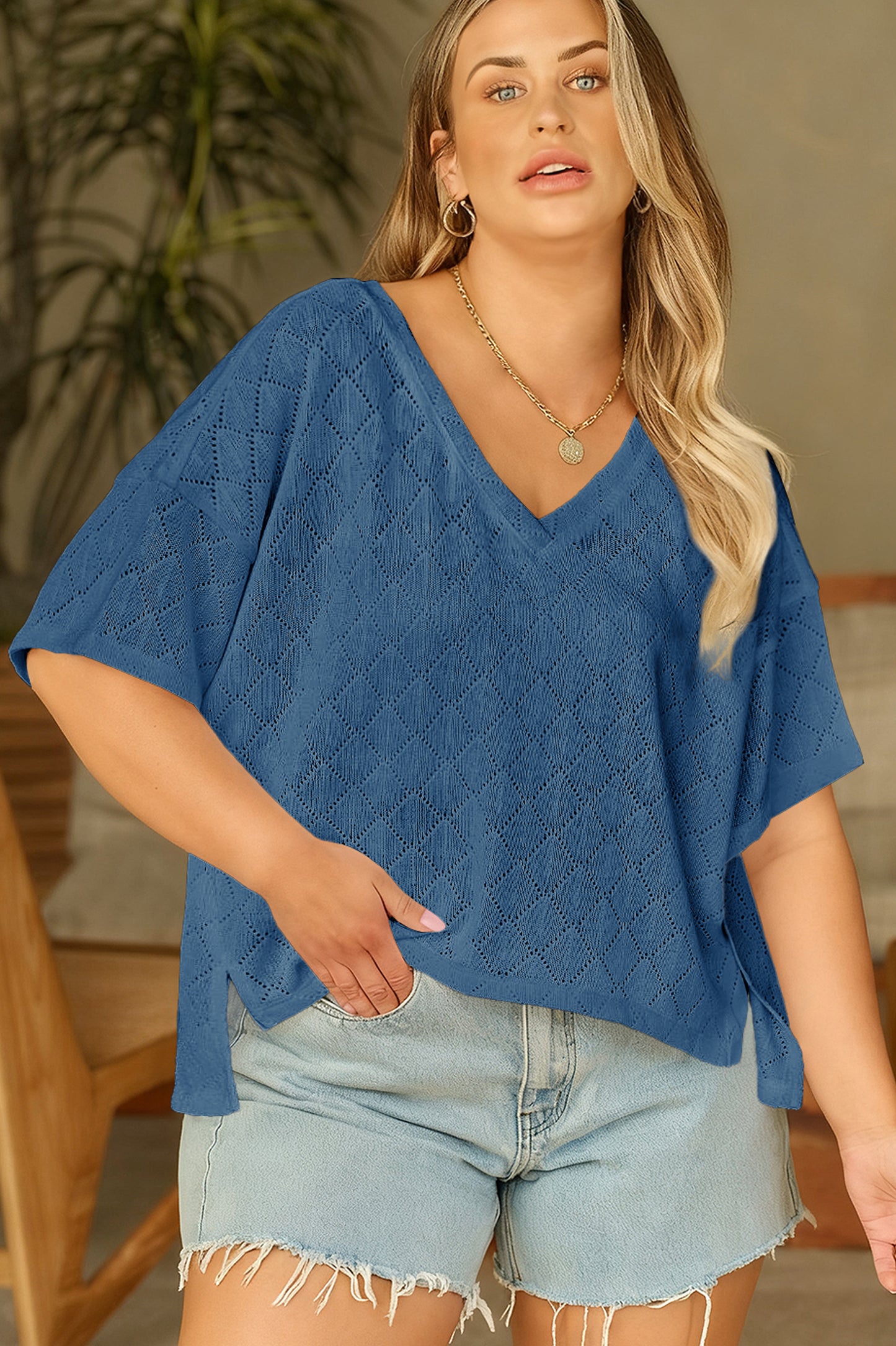 White Pointelle Rhombus Knit Plus Size V Neck Loose Top