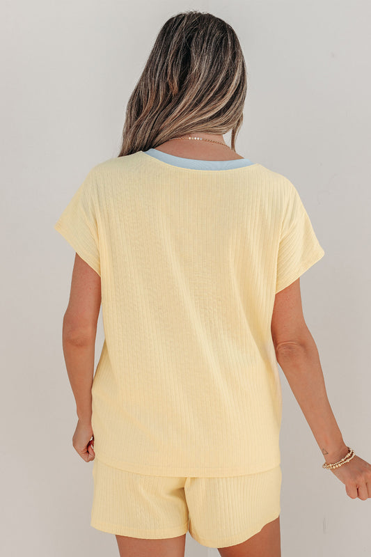 Yellow Cream Ribbed Knit Two Piece Set Sequin Horse Patched Casual Short Set