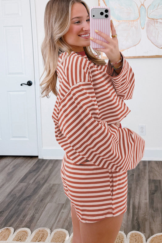 Brown Stripe Relaxed Long Sleeve Top Contrast Elastic Waistband Short Set