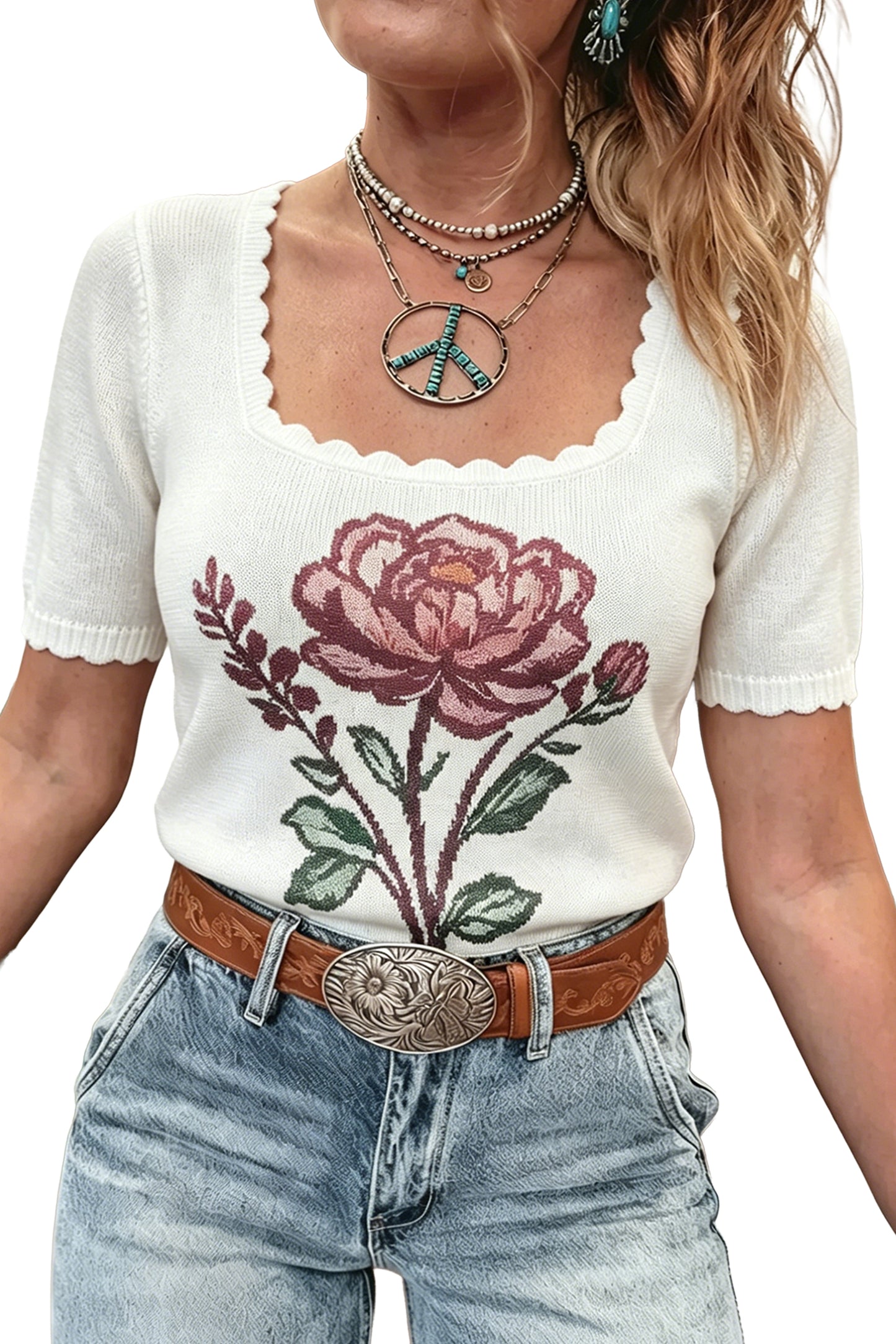 White Western Floral Print Short Sleeve Square Collar Knit Sweater