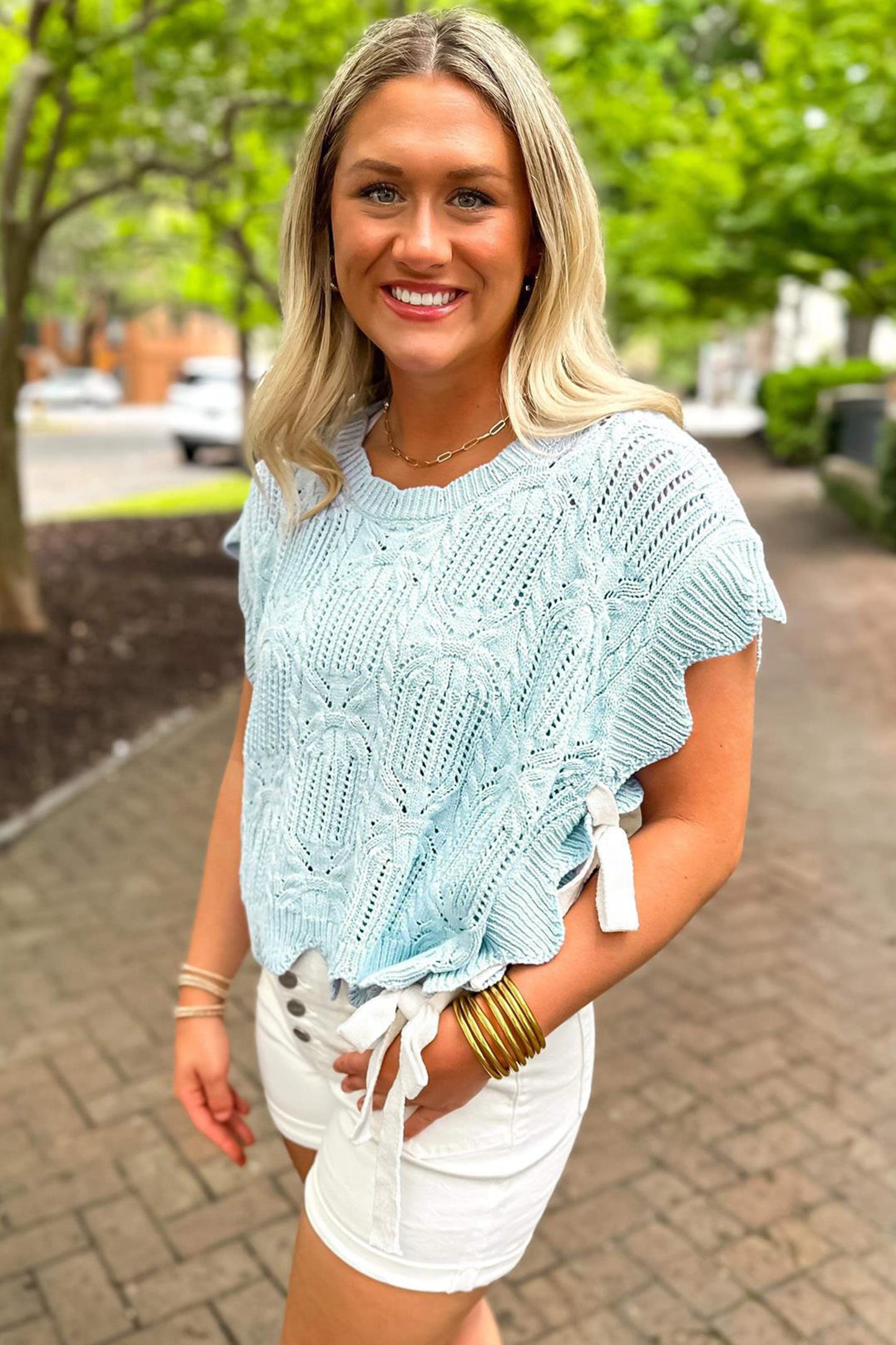 Mint Green Pointelle Knit Patterned Scalloped Trim Short Sleeve Sweater