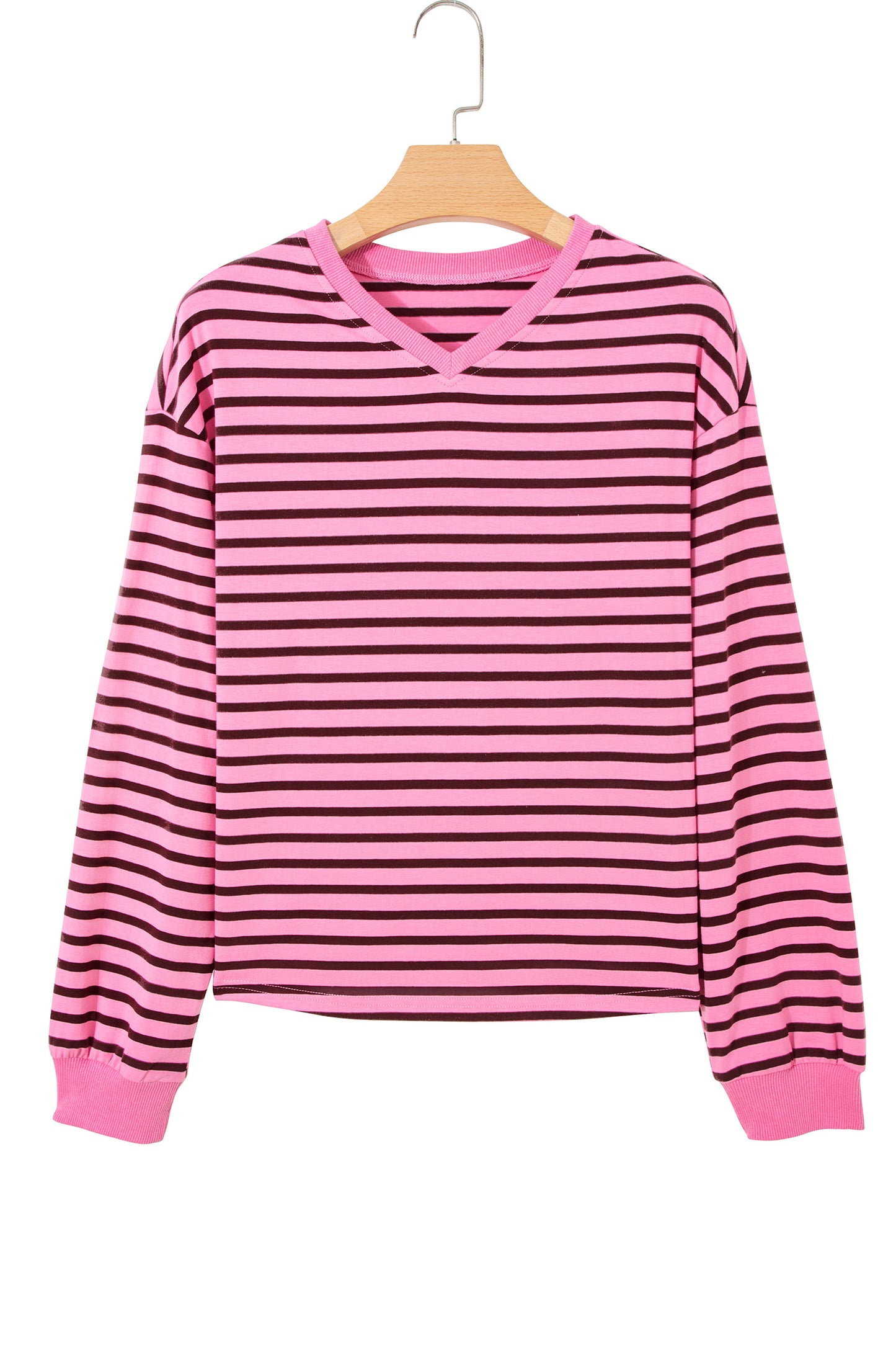 Pink Stripe V Neck Drop Shoulder Long Sleeve Top
