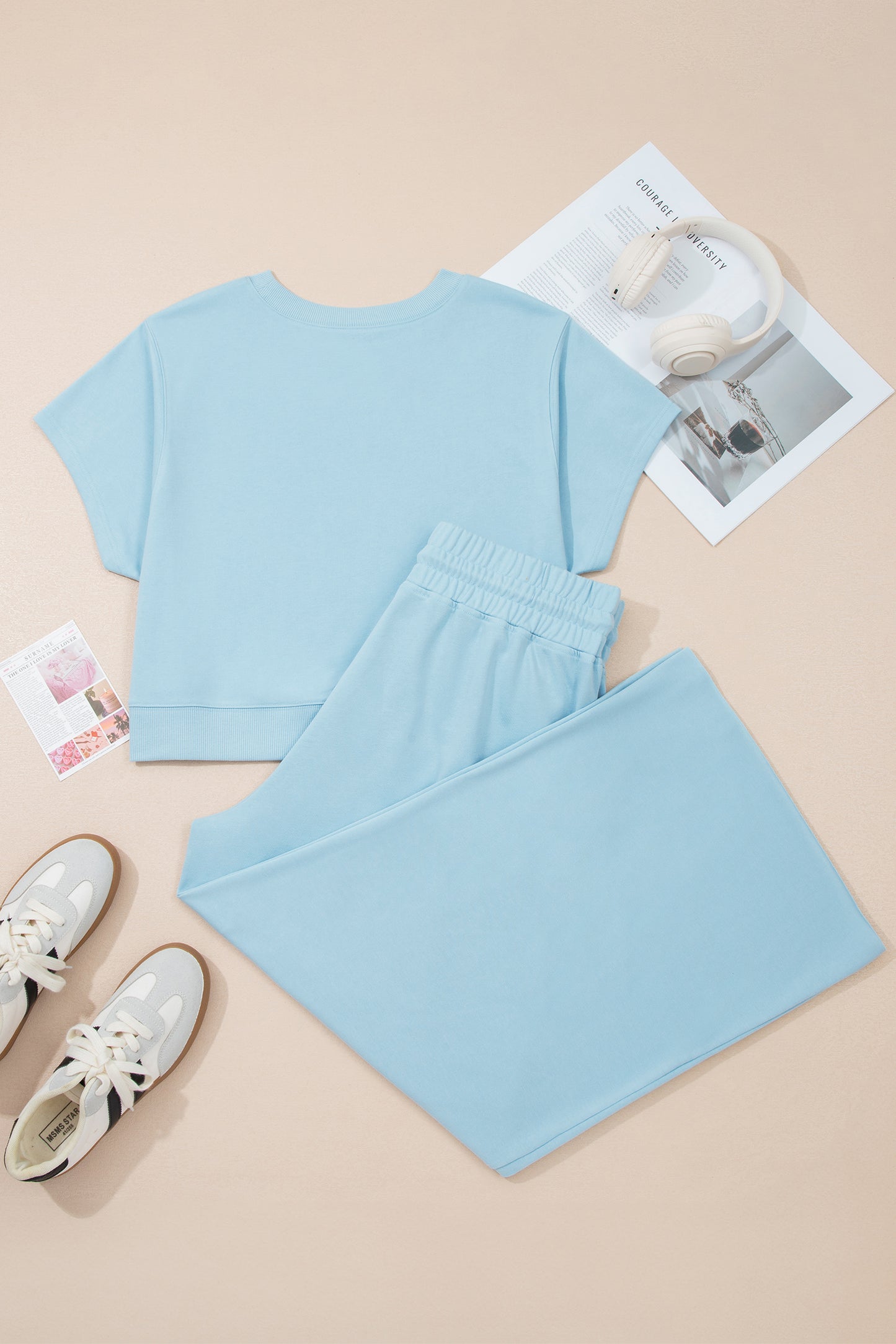 Clearly Aqua Solid Color Ribbed Trim Short Sleeve Top Drawstring Loose Pants 2pcs Outfit