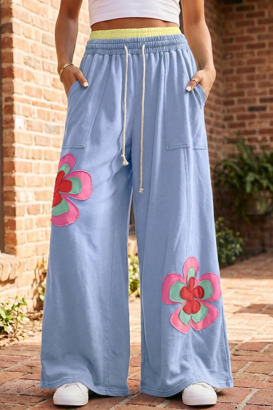 Sky Blue Color Block Flower Patchwork Drawstring Contrasted Elastic Waist Wide Leg Pants