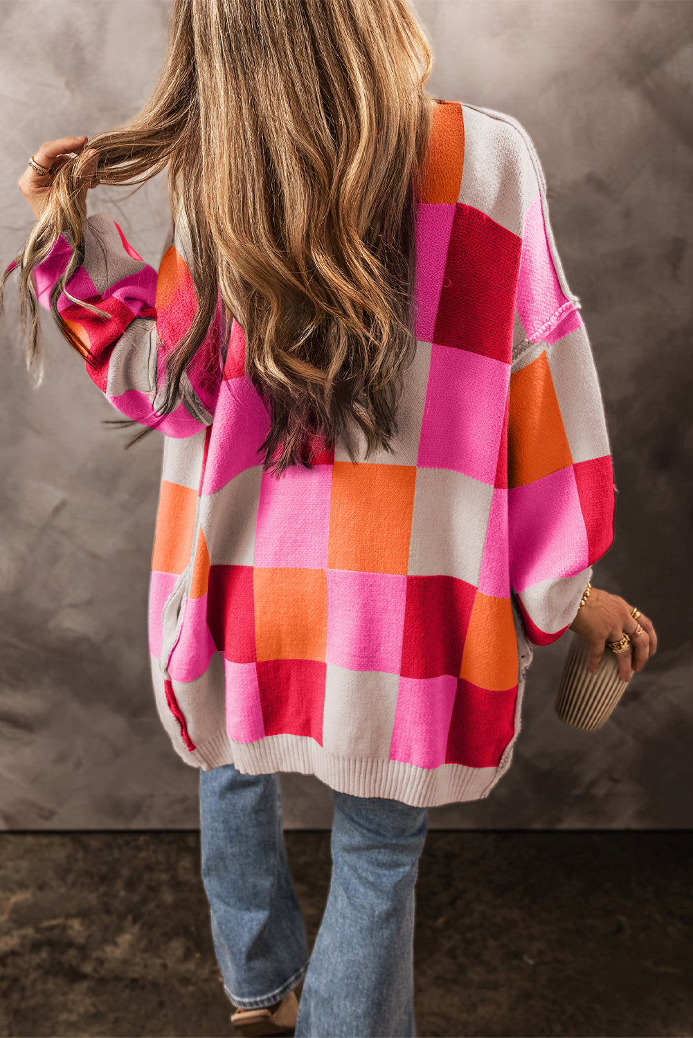 Red Light Checkered Drop Shoulder Exposed Seam Open Front Cardigan
