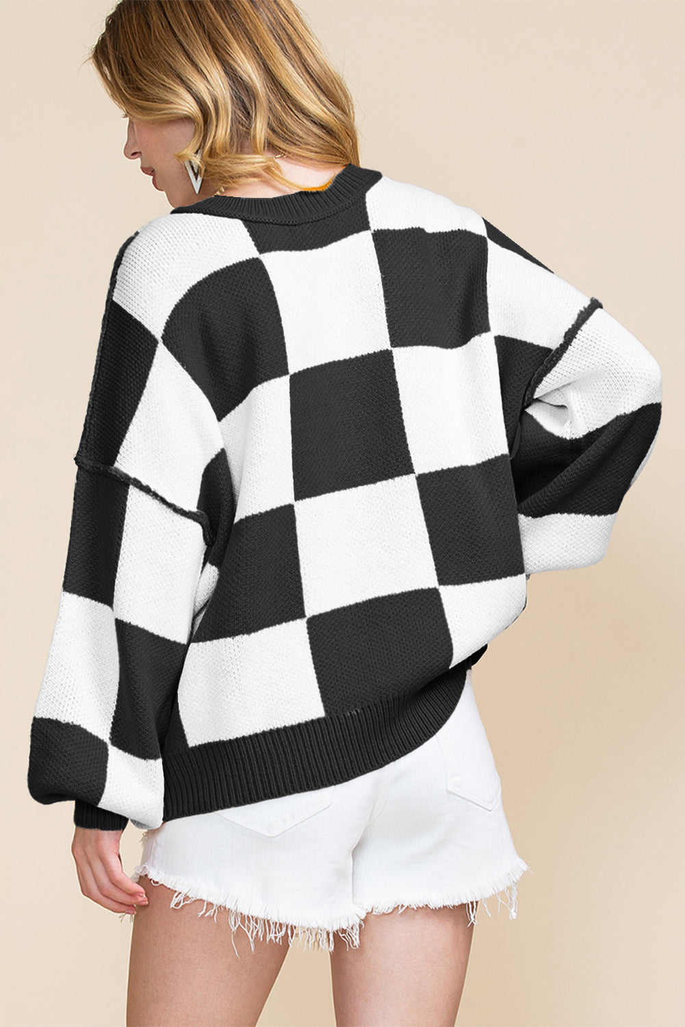 Green Checkered Bishop Sleeve Sweater