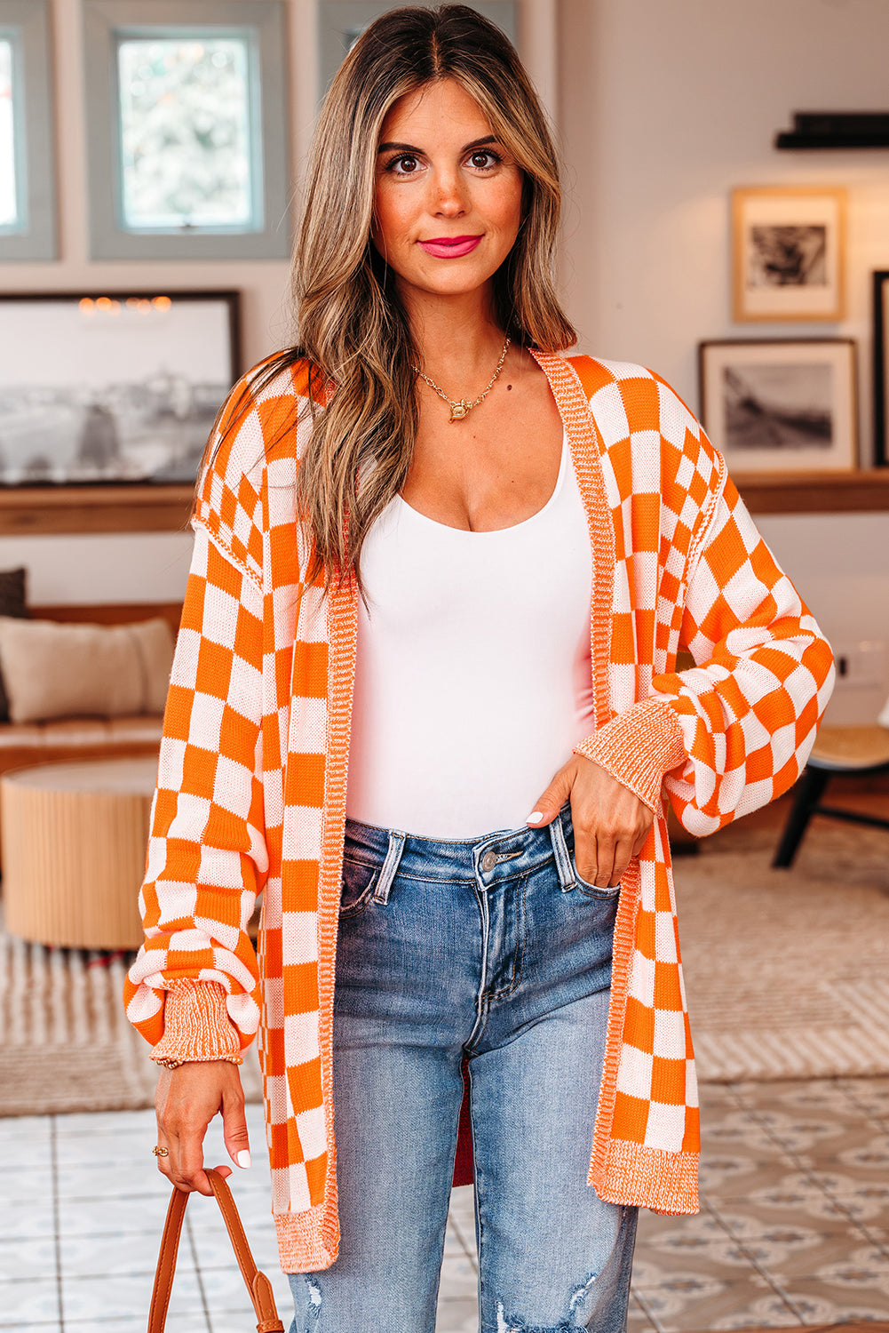 Black Checkered Open Front Drop Shoulder Cardigan