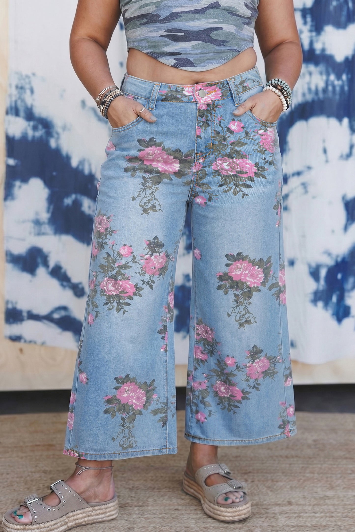 Sky Blue Plus Size Floral Print Ankle Length Loose Jeans