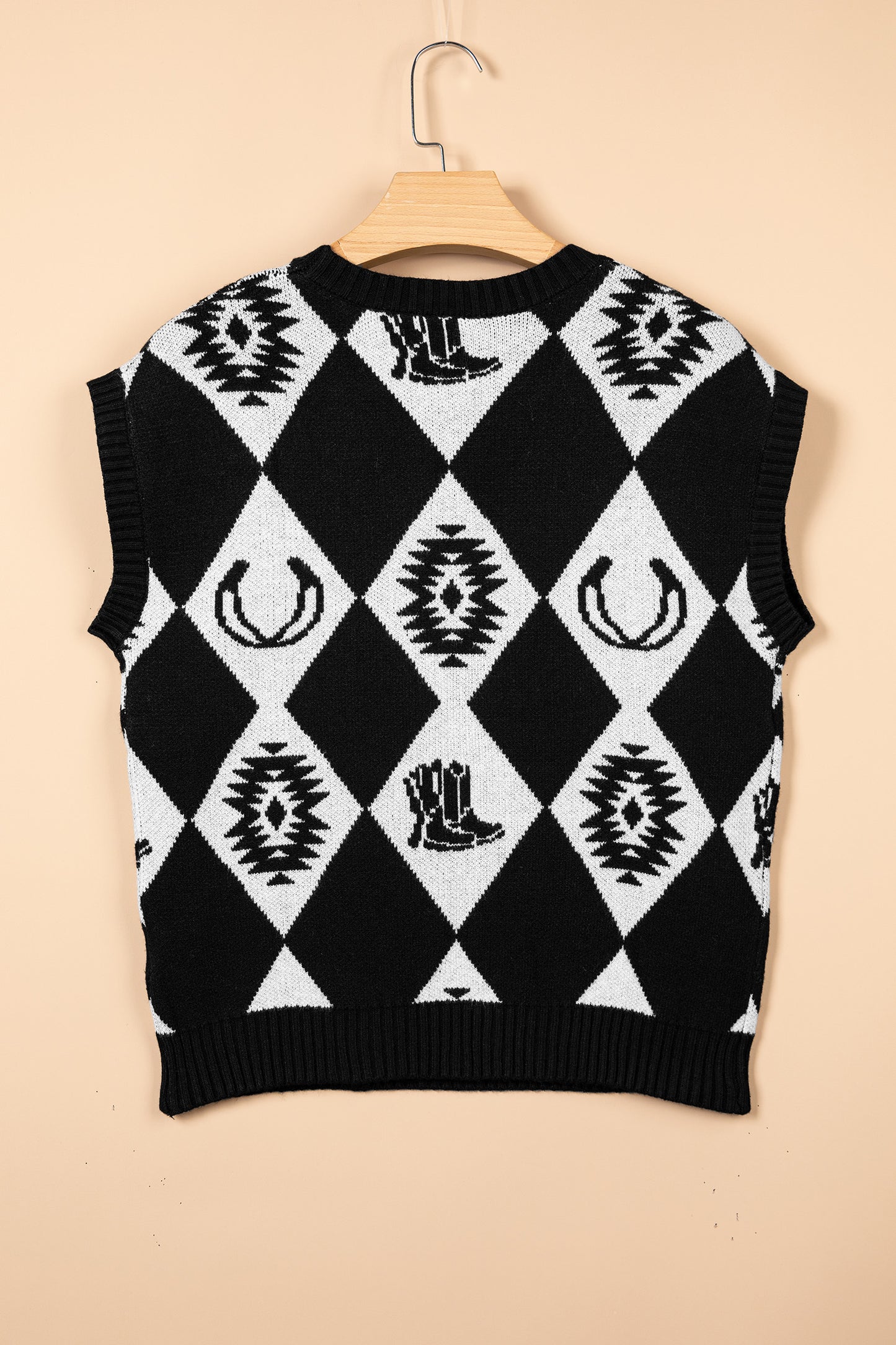 Black Retro Rhombus Western Print Drop Shoulder Short Sleeve Sweater