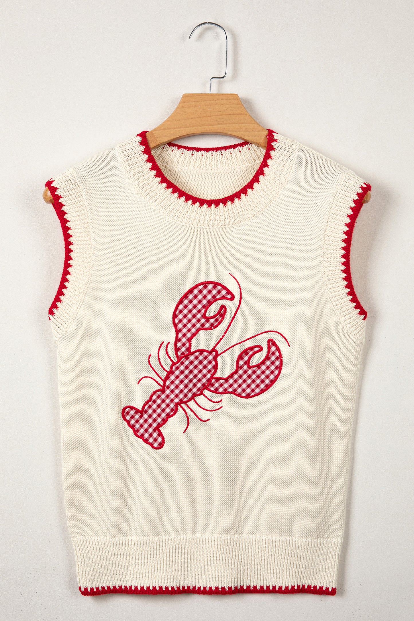 Beige Plaid Crawfish Crew Neck Knit Sweater Vest