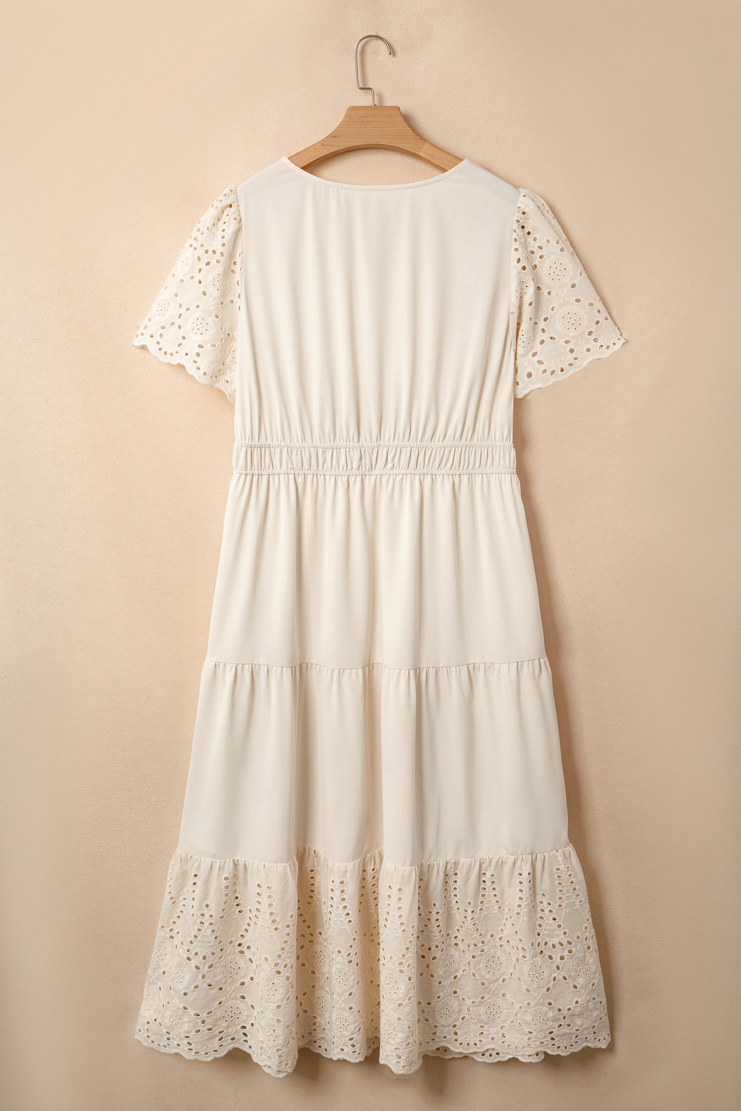 Apricot Plus Size V Neck Lacy Embroidery Patchwork Short Sleeve Maxi Dress