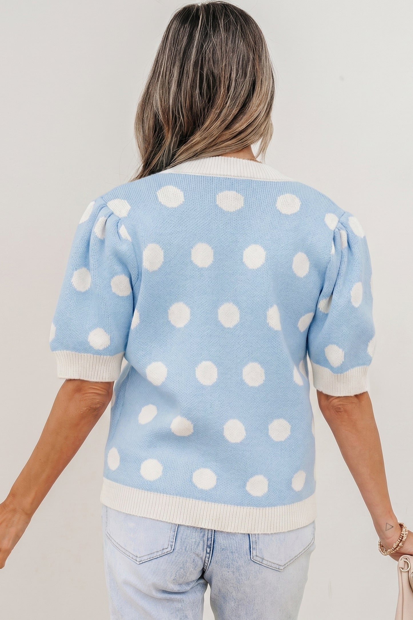 Pink Polka Dot Puff Short Sleeve Sweater Top