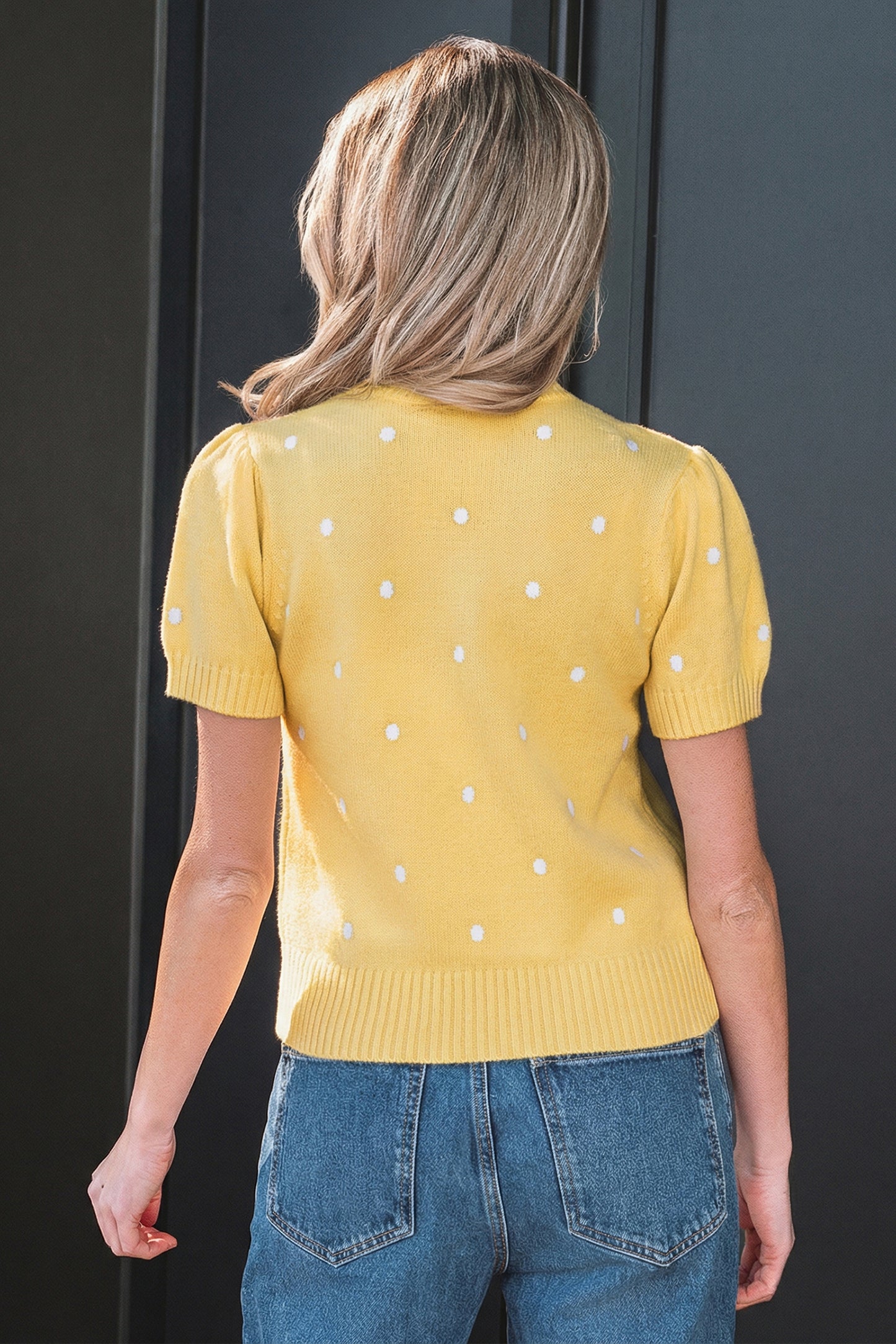 Black Elegant Polka Dot Bubble Short Sleeve Sweater