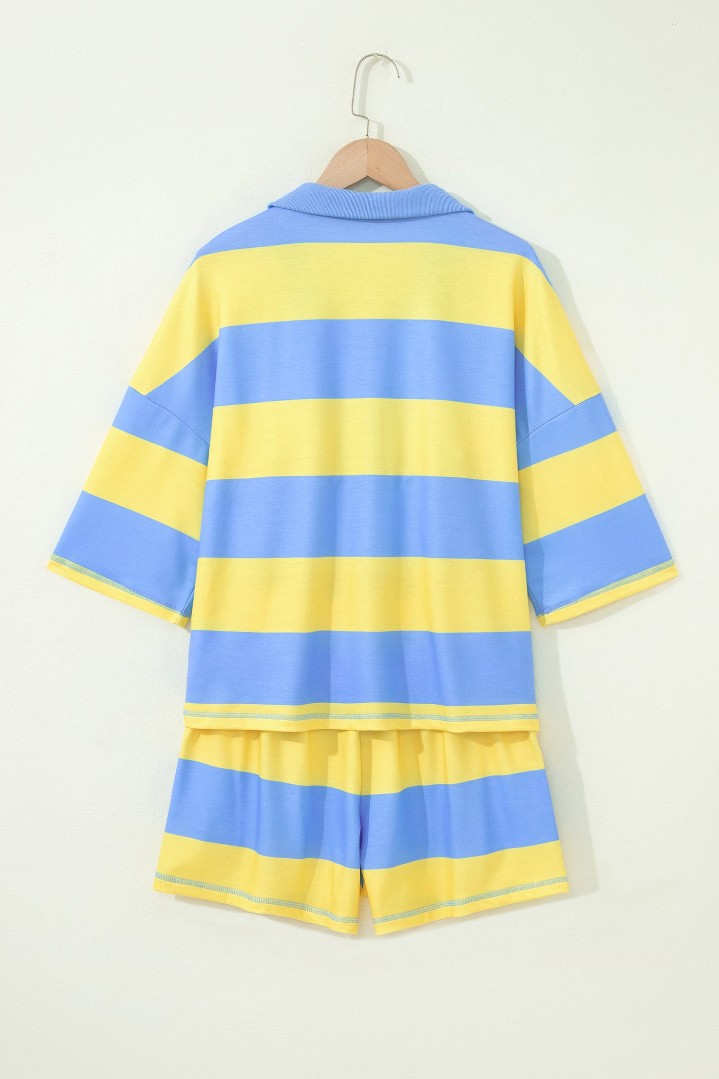 Yellow Stripe Seam Detail Half Zip Tee Casual Shorts 2pcs Set