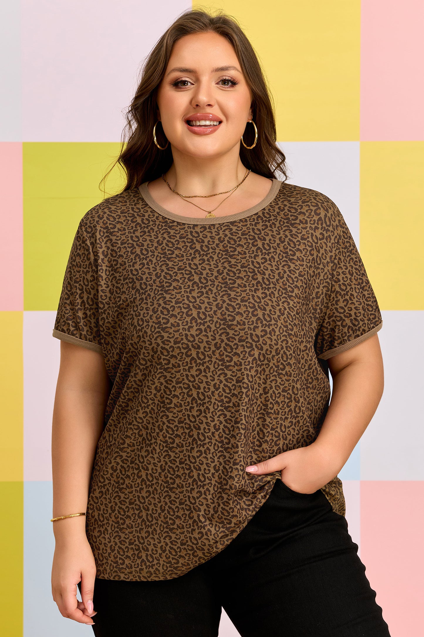 Khaki Plus Size Leopard Print Ribbed Trim Round Neck Tee