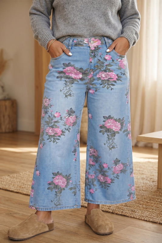 Sky Blue Plus Size Floral Print Ankle Length Loose Jeans