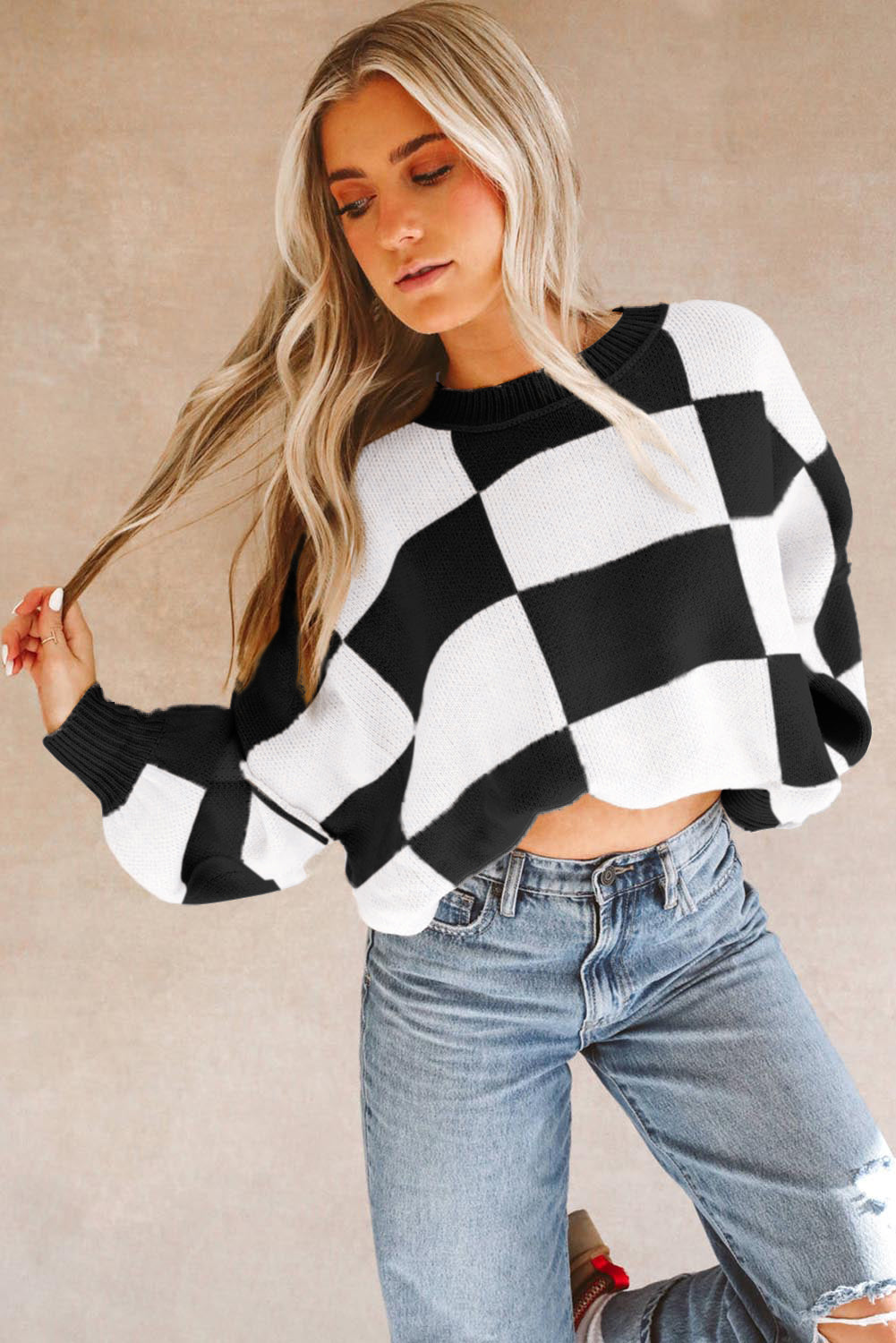 Green Checkered Bishop Sleeve Sweater