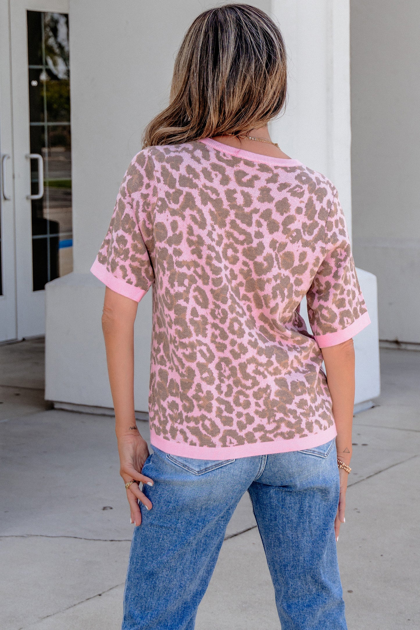 Pink Leopard Button Down Short Sleeve Sweater Cardigan