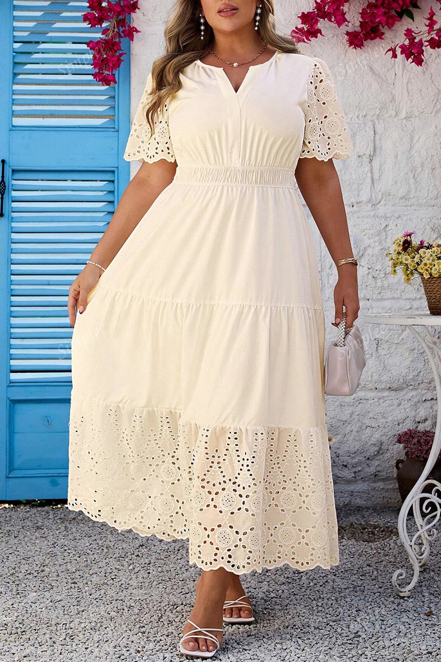 Apricot Plus Size V Neck Lacy Embroidery Patchwork Short Sleeve Maxi Dress