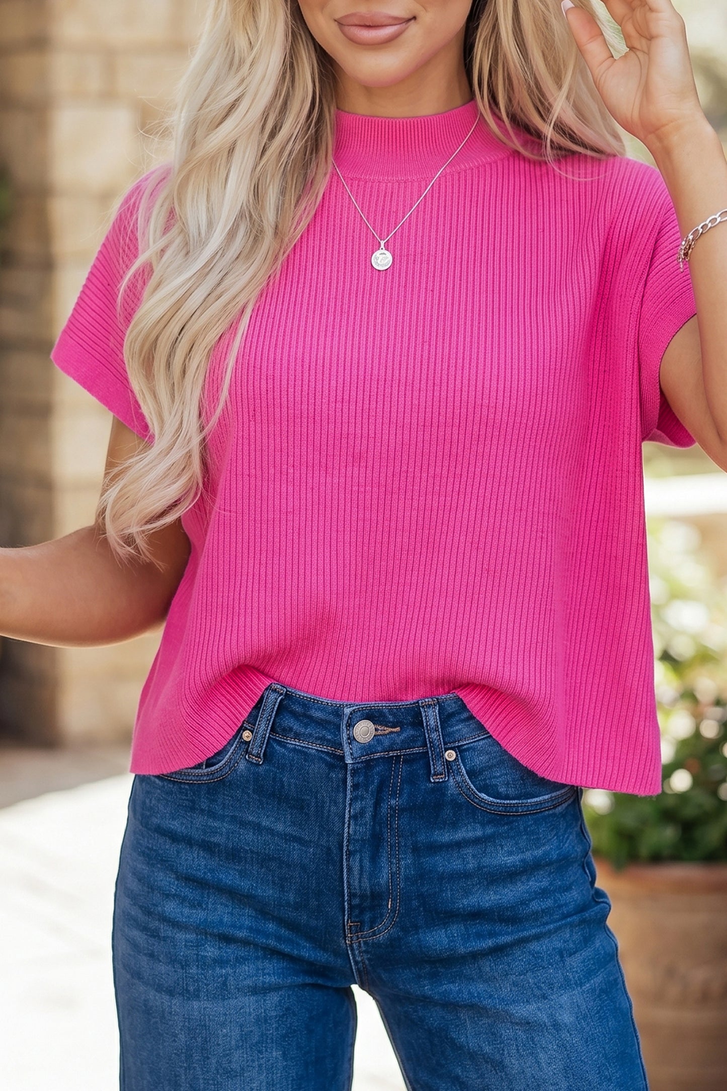 White Solid Color Ribbed Knit Mock Neck Loose Short Sleeve Sweater