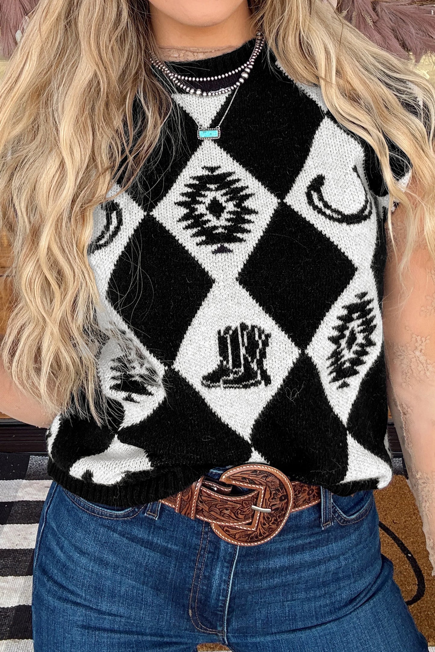 Black Retro Rhombus Western Print Drop Shoulder Short Sleeve Sweater