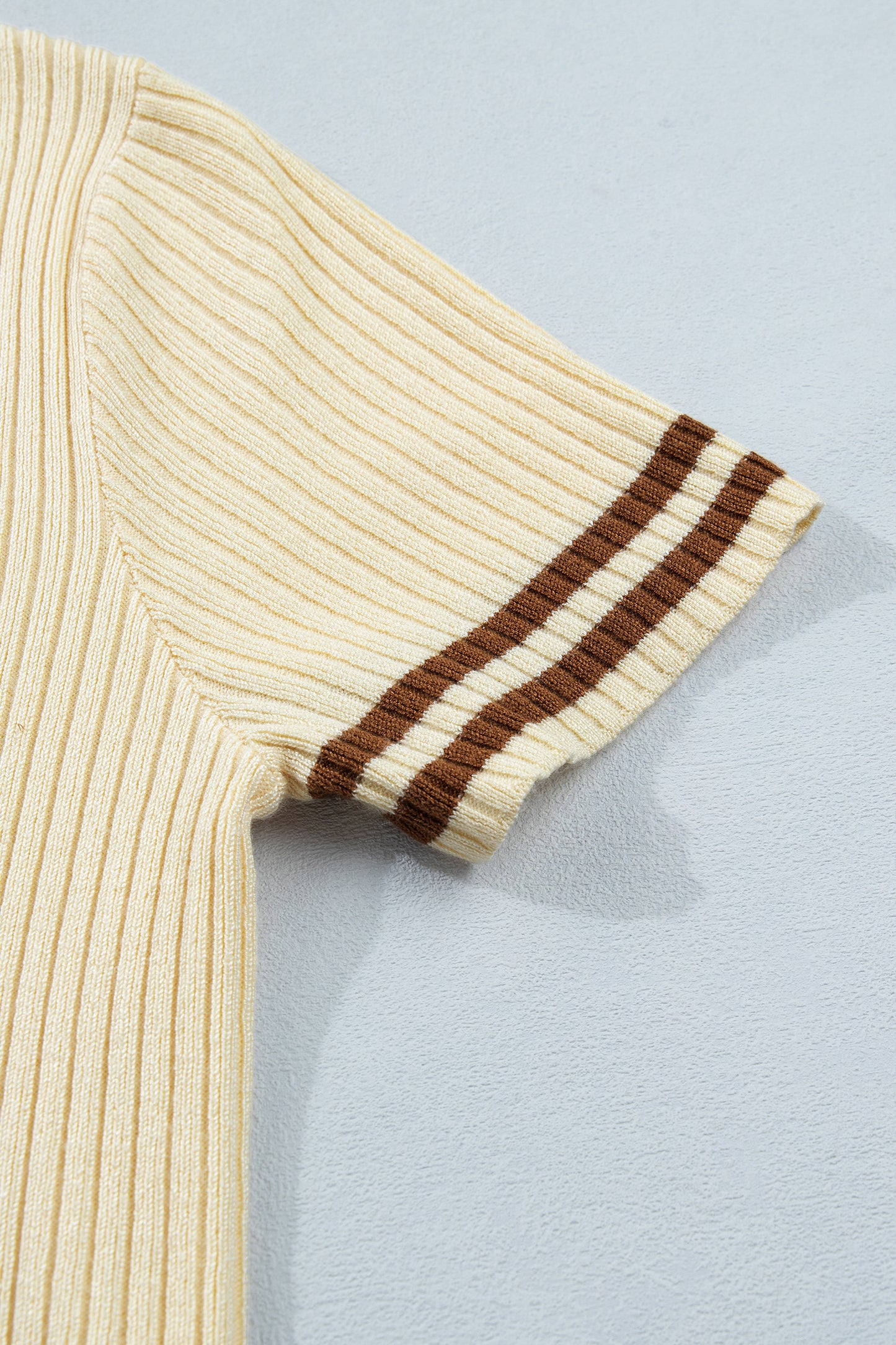 Apricot V Neck Ribbed Knit Striped Trim Short Sleeve Sweater