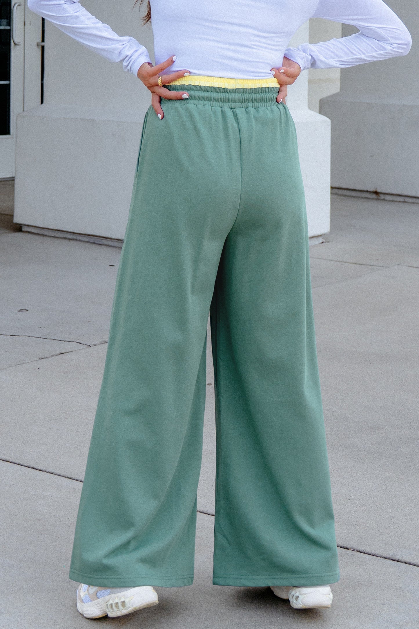 Sky Blue Color Block Flower Patchwork Drawstring Contrasted Elastic Waist Wide Leg Pants