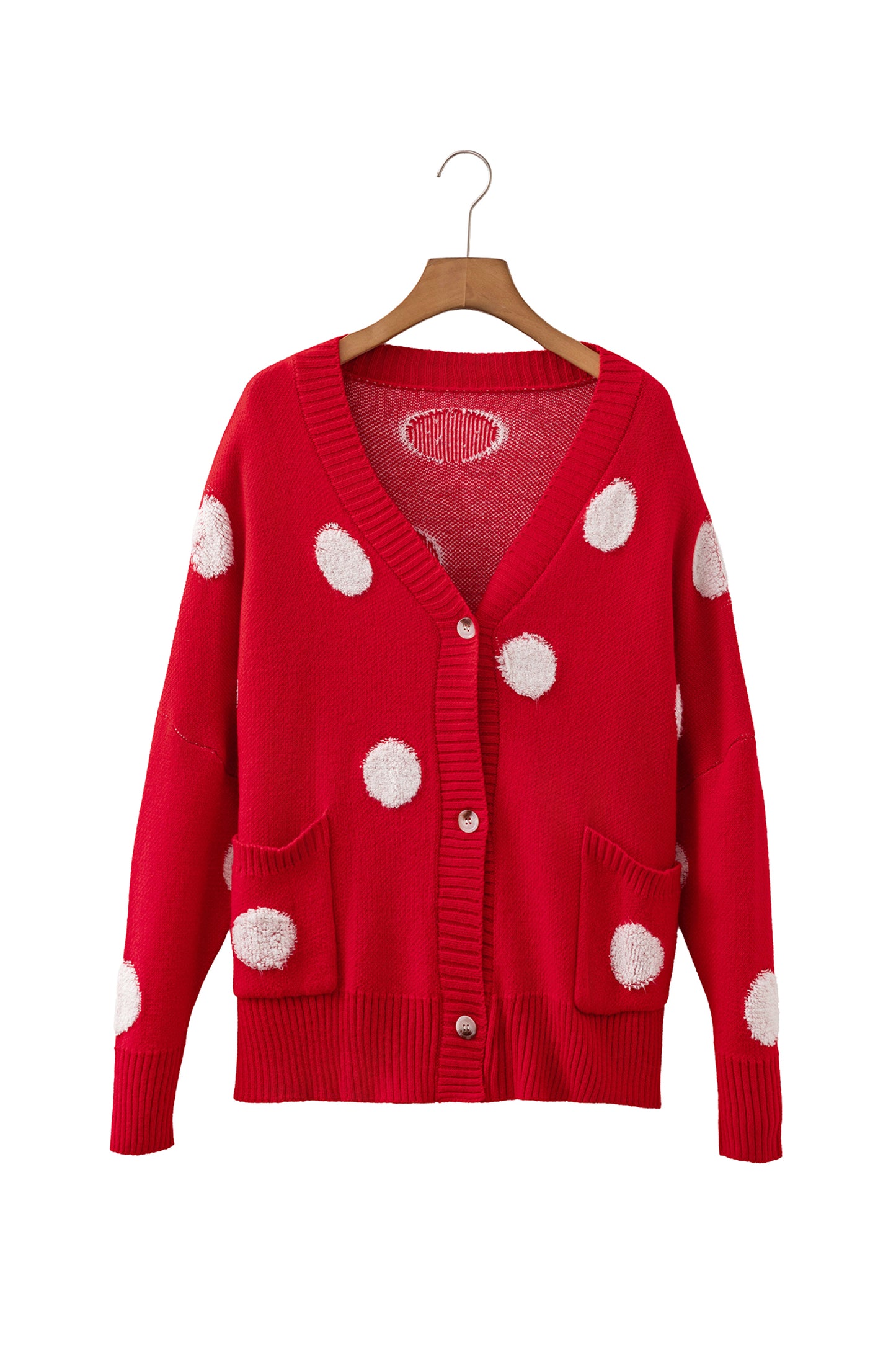 Red Polka Dot Button Front Oversized V Neck Cardigan