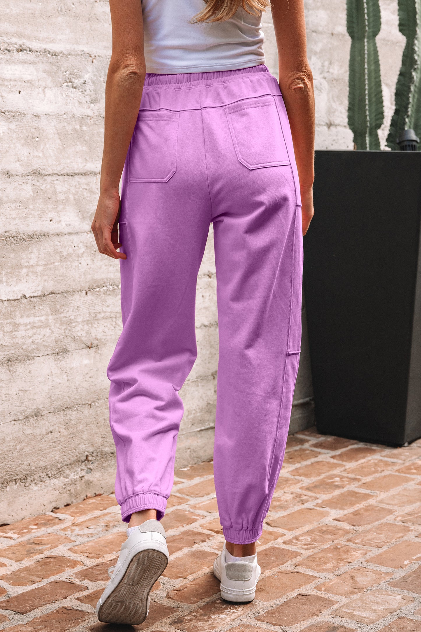 Light Pink Drawstring Elastic Waistband Solid Color Jogger Pants