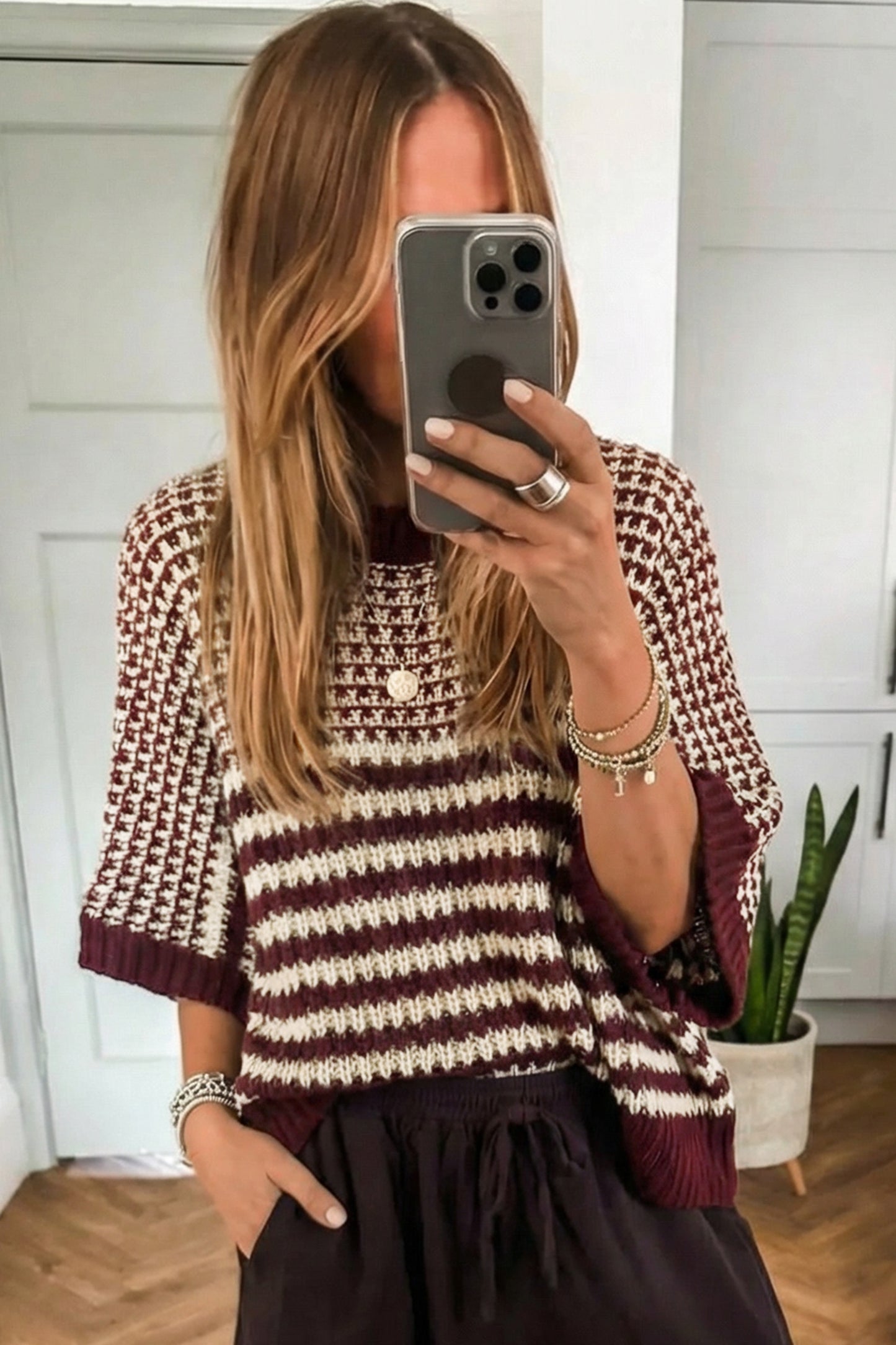 Red Stripe 3/4 Draped Sleeve Slouchy Sweater