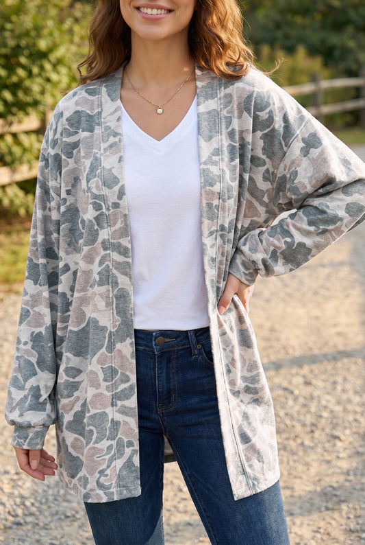 Multicolour Camouflage Print Long Sleeve Open Front Tunic Cardigan