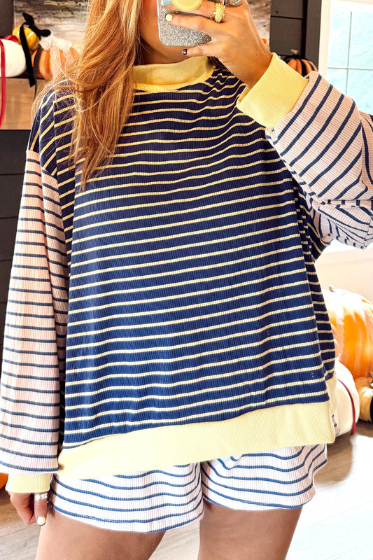 Blue Stripe Color Block Long Sleeve Pullover Ribbed Knit Casual Shorts Set