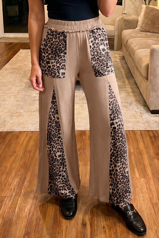 Straw Yellow Mineral Wash Leopard Patchwork Wide Leg Pants