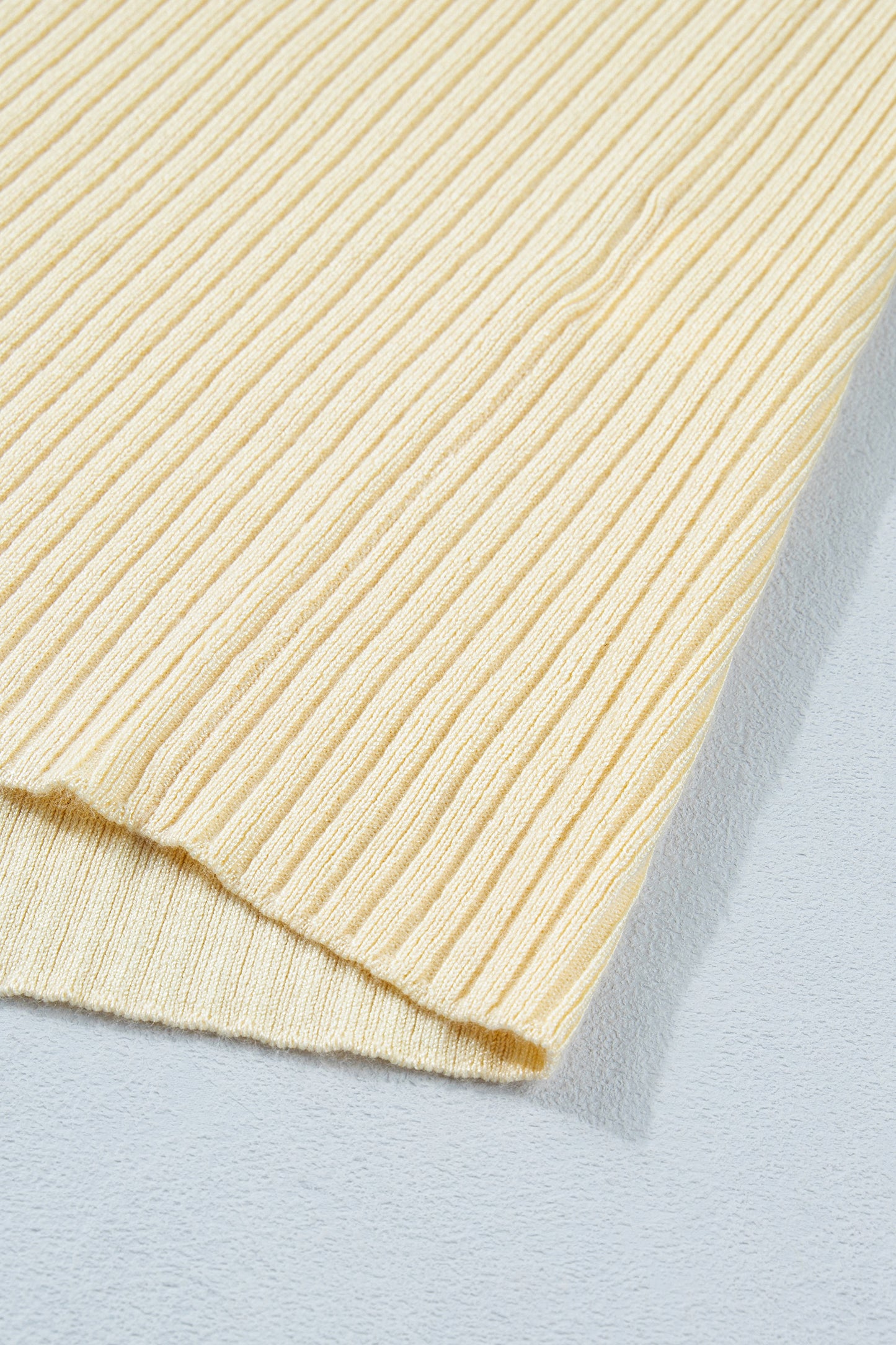 Apricot V Neck Ribbed Knit Striped Trim Short Sleeve Sweater