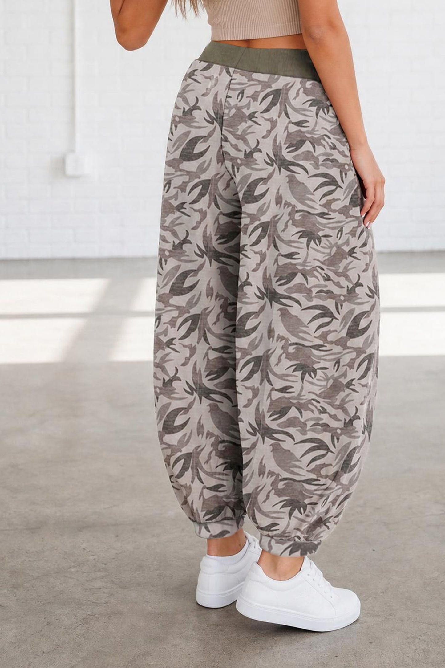Khaki Drawstring Contrast Waistband Camouflage Cargo Barrel Pants
