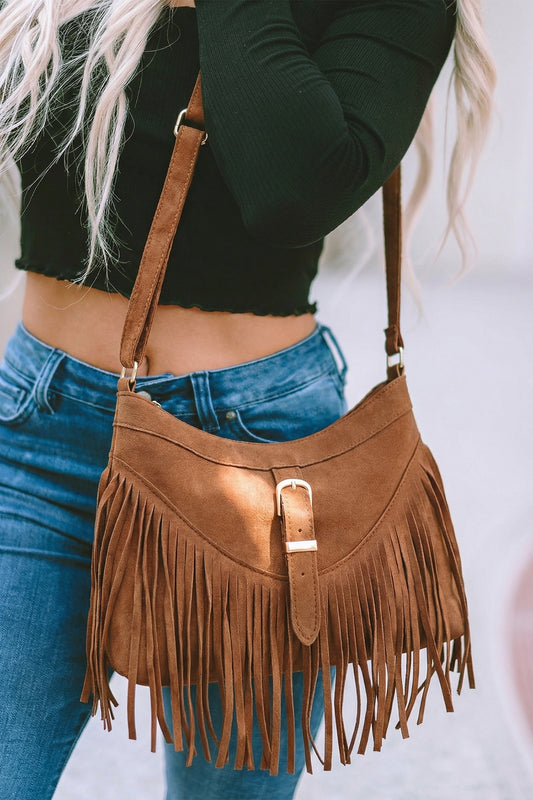 Coffee Faux Suede Boho Fringe Hobo Shoulder Bag