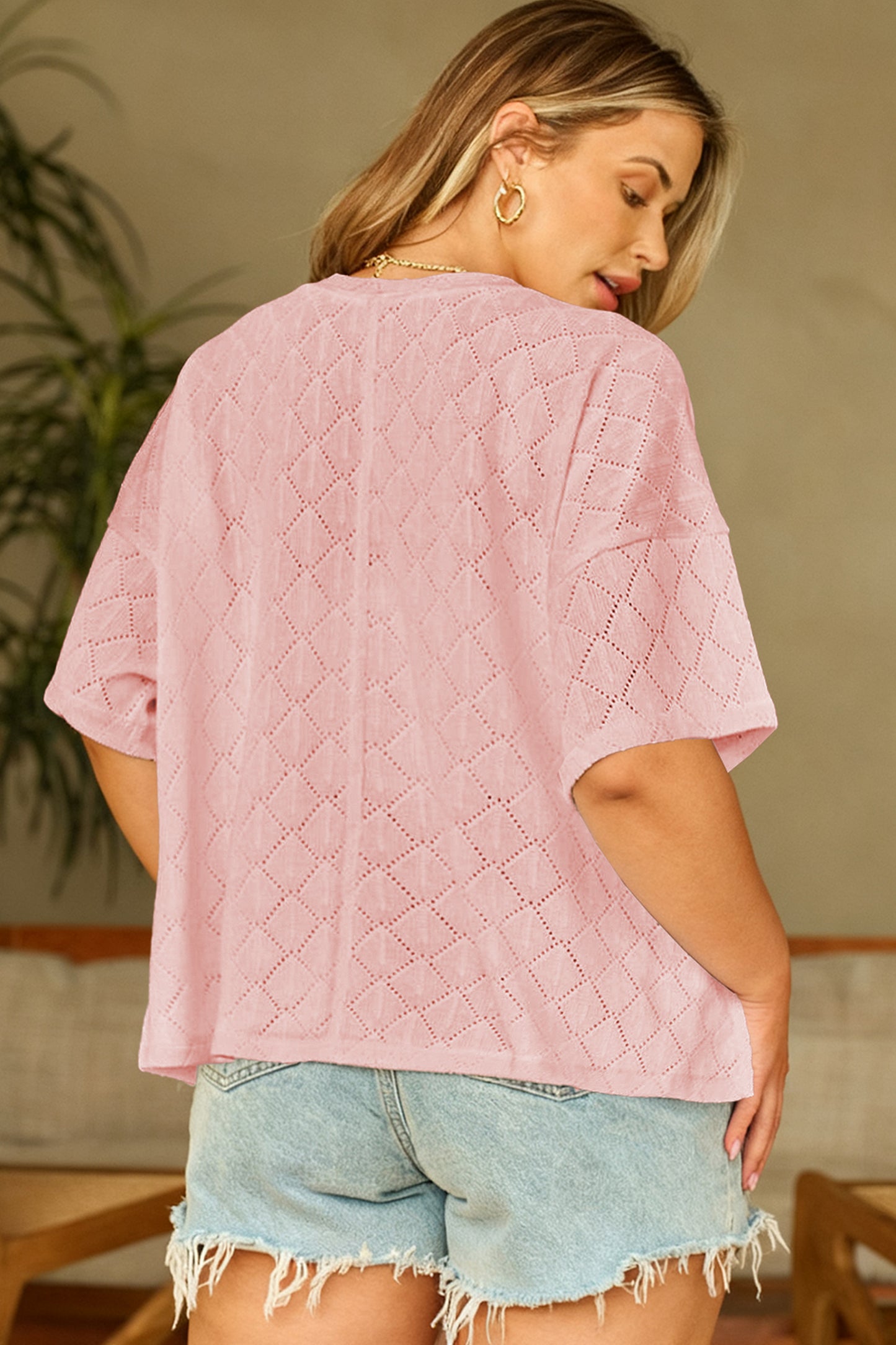 White Pointelle Rhombus Knit Plus Size V Neck Loose Top