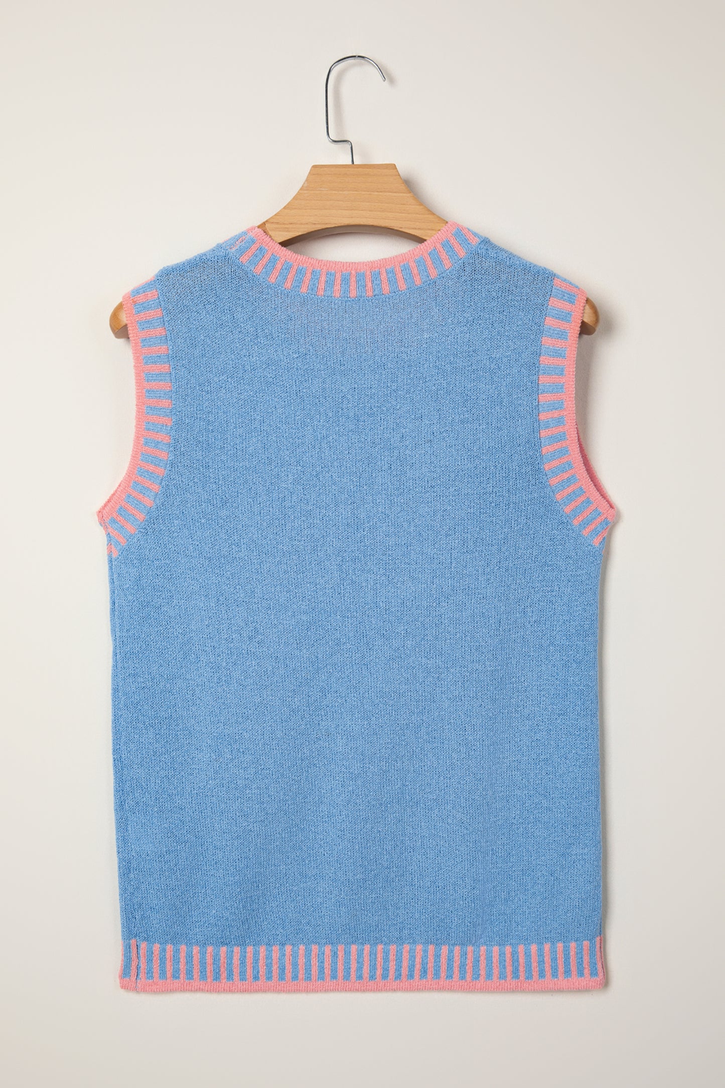 Sky Blue Contrast Trim Round Neck Sleeveless Sweater