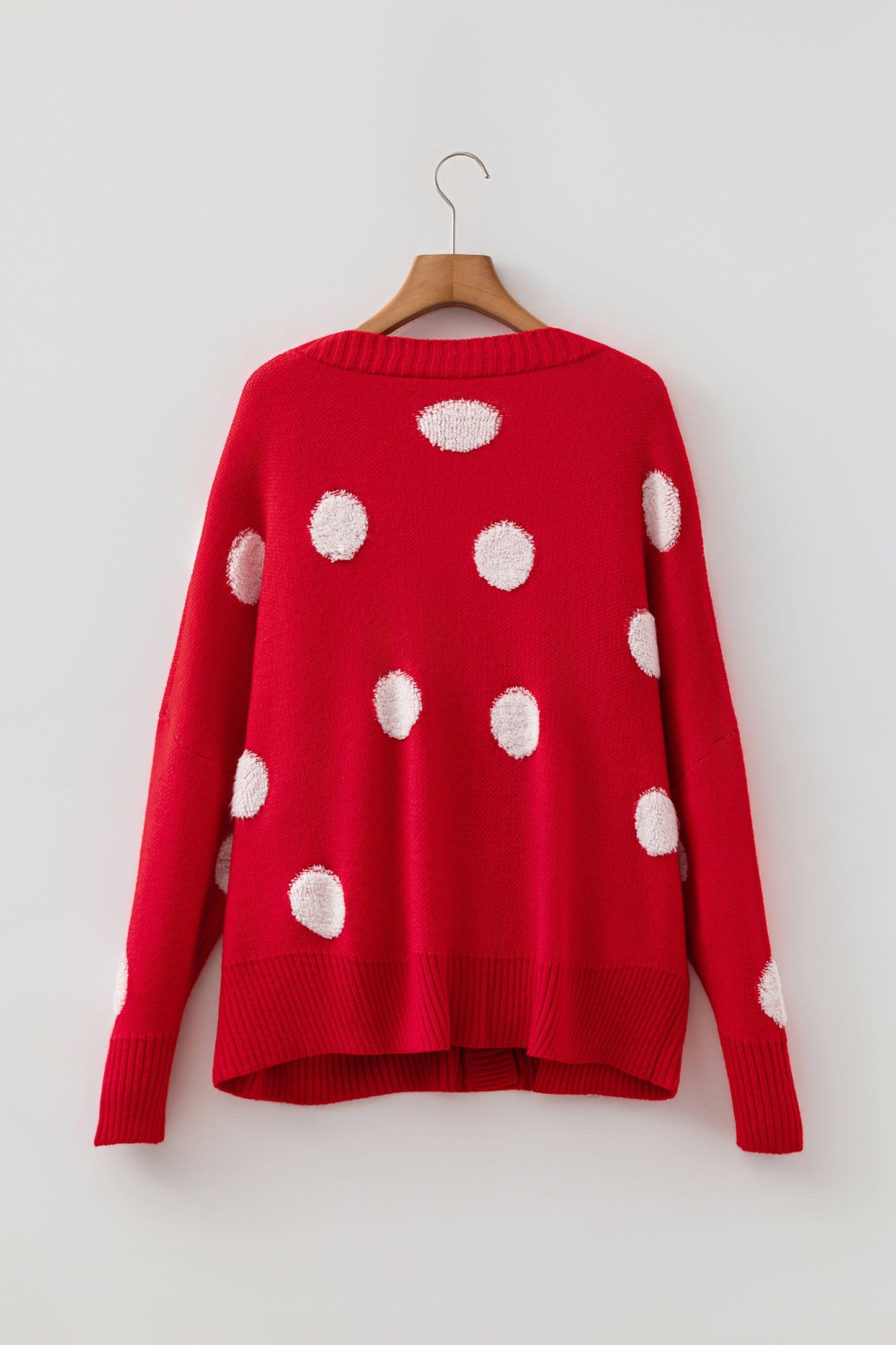 Red Polka Dot Button Front Oversized V Neck Cardigan