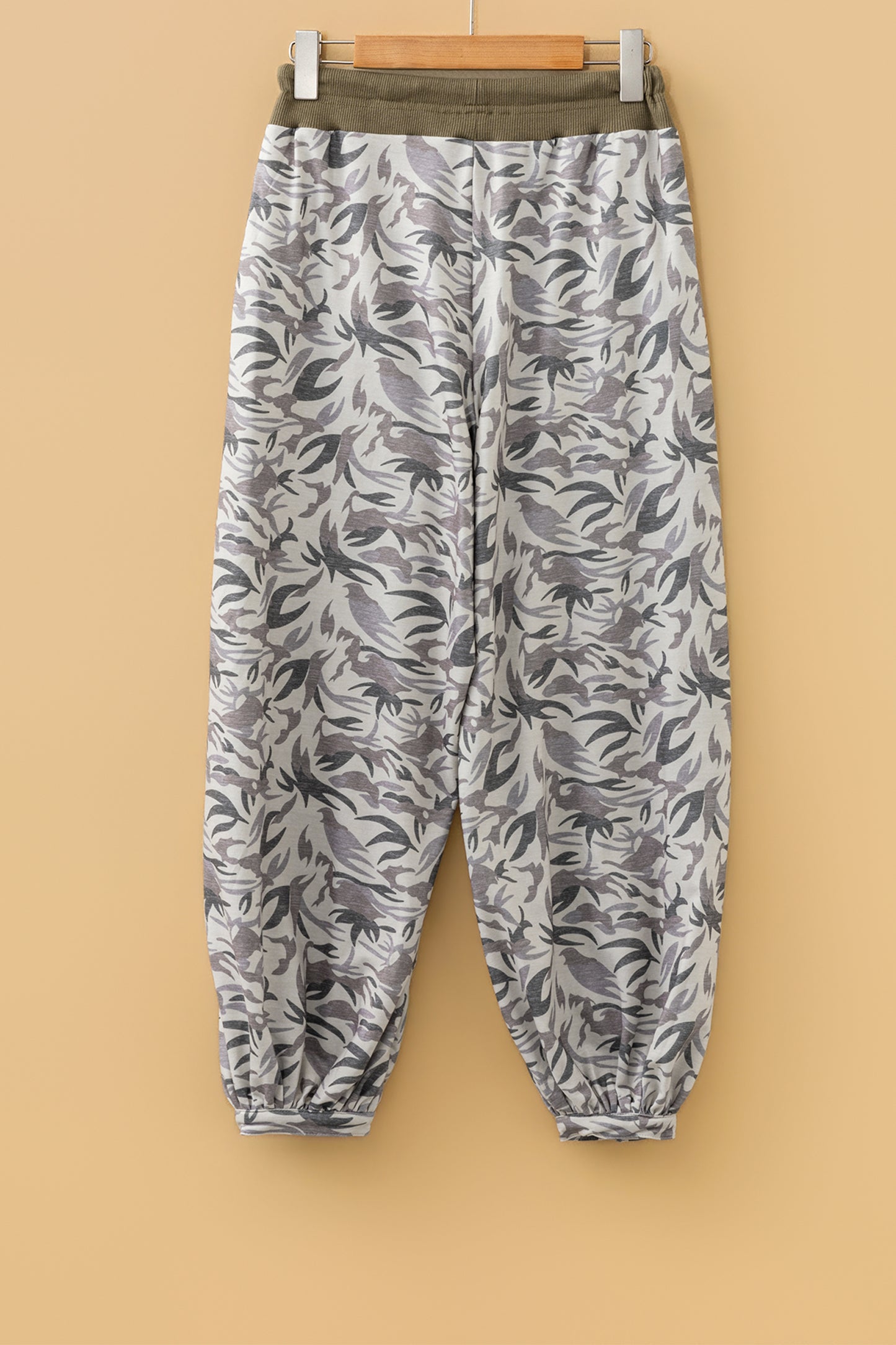 Khaki Drawstring Contrast Waistband Camouflage Cargo Barrel Pants