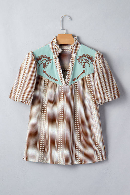 Brown Western Pony Embroidered Yoke Puff Sleeve Gingham Blouse