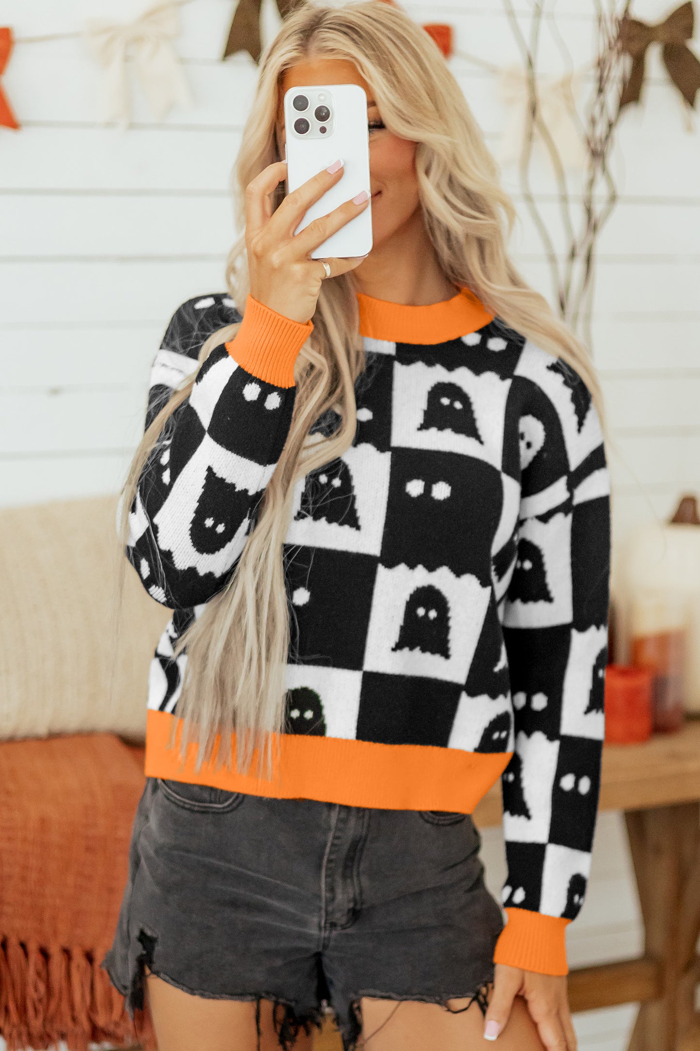 Black High Neck Drop Shoulder Geometric Print Sweater