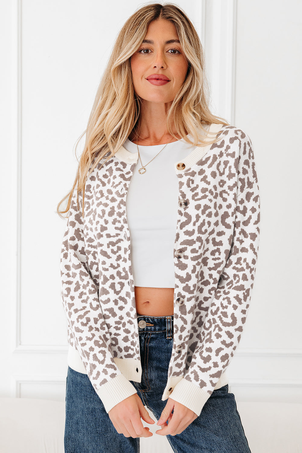 Black Leopard Drop Shoulder Chunky Knitted Cardigan Sweater
