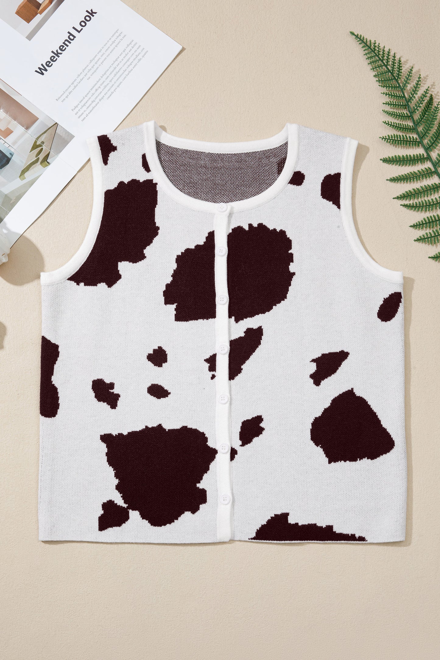 White Western Cow Spots Button Down Sweater Vest