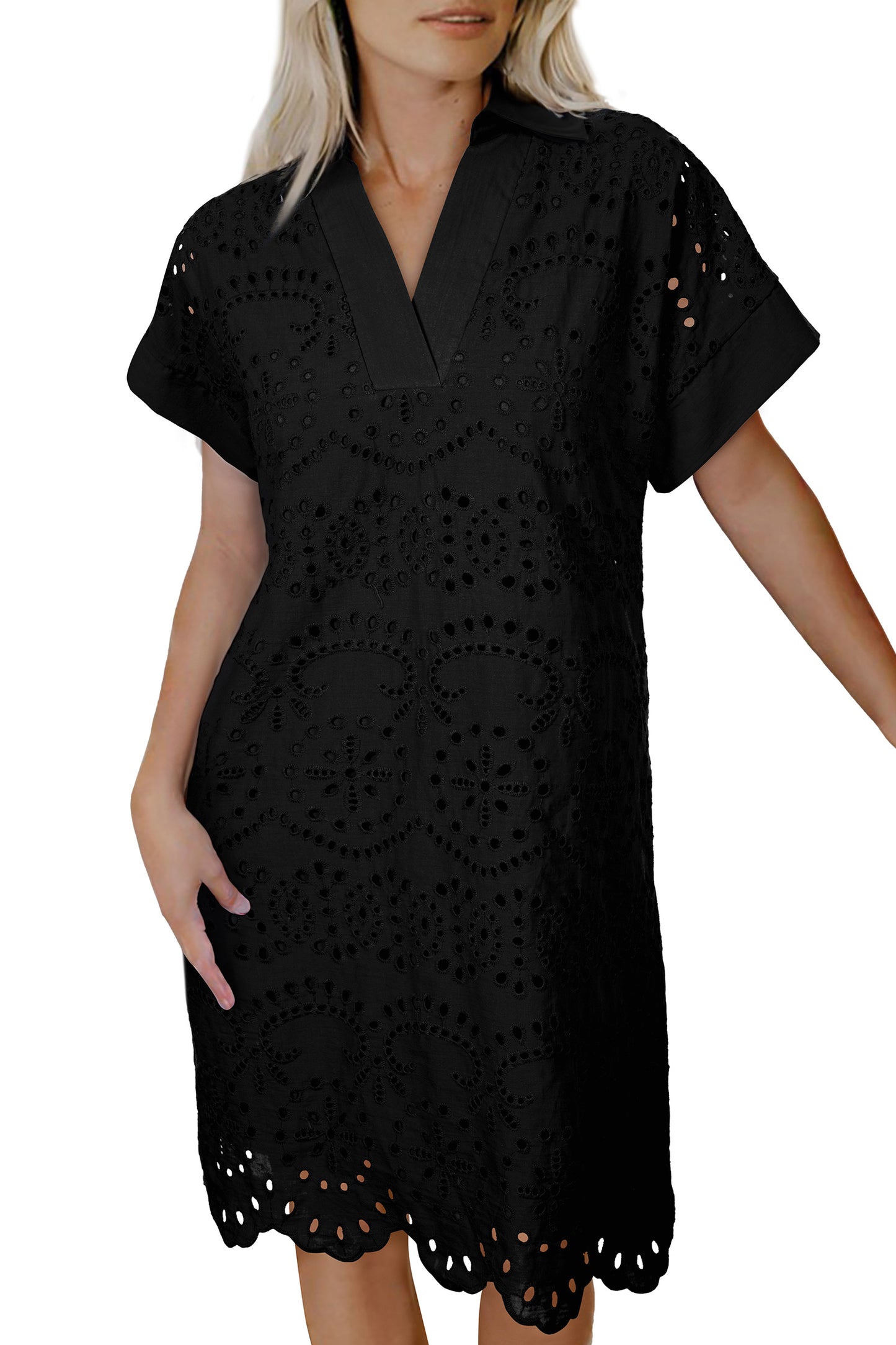 Rose Red Solid Color Eyelet Embroidered T Shirt Mini Dress