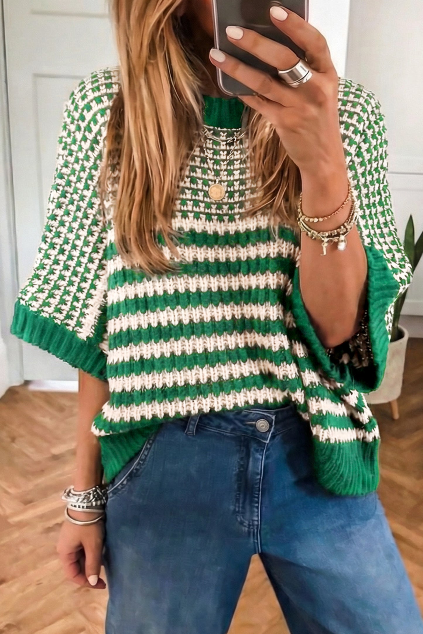 Red Stripe 3/4 Draped Sleeve Slouchy Sweater