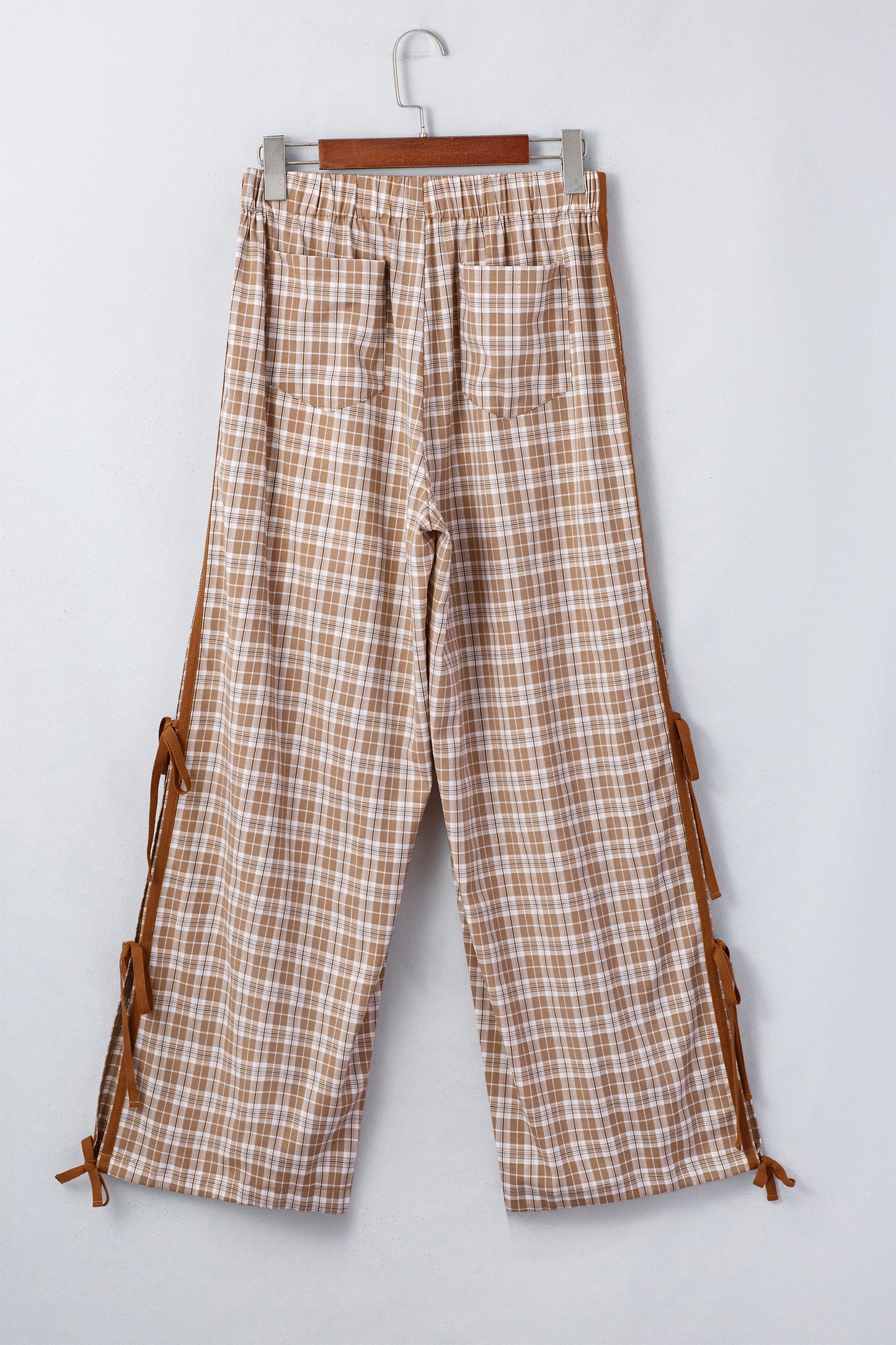 Chestnut Plaid Print Elastic Waist Bow Tie Contrast Detail Jogger Pants