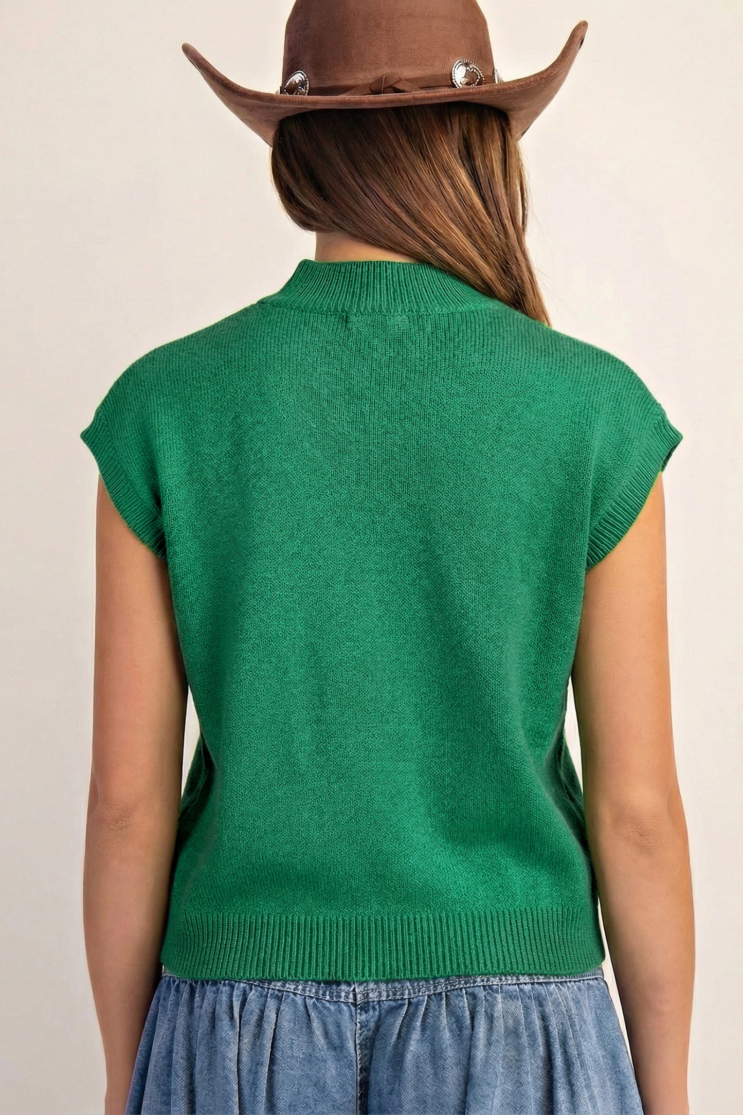 Bright Green Corded Horseshoes Ribbed Trim Mock Neck Short Sleeve Sweater