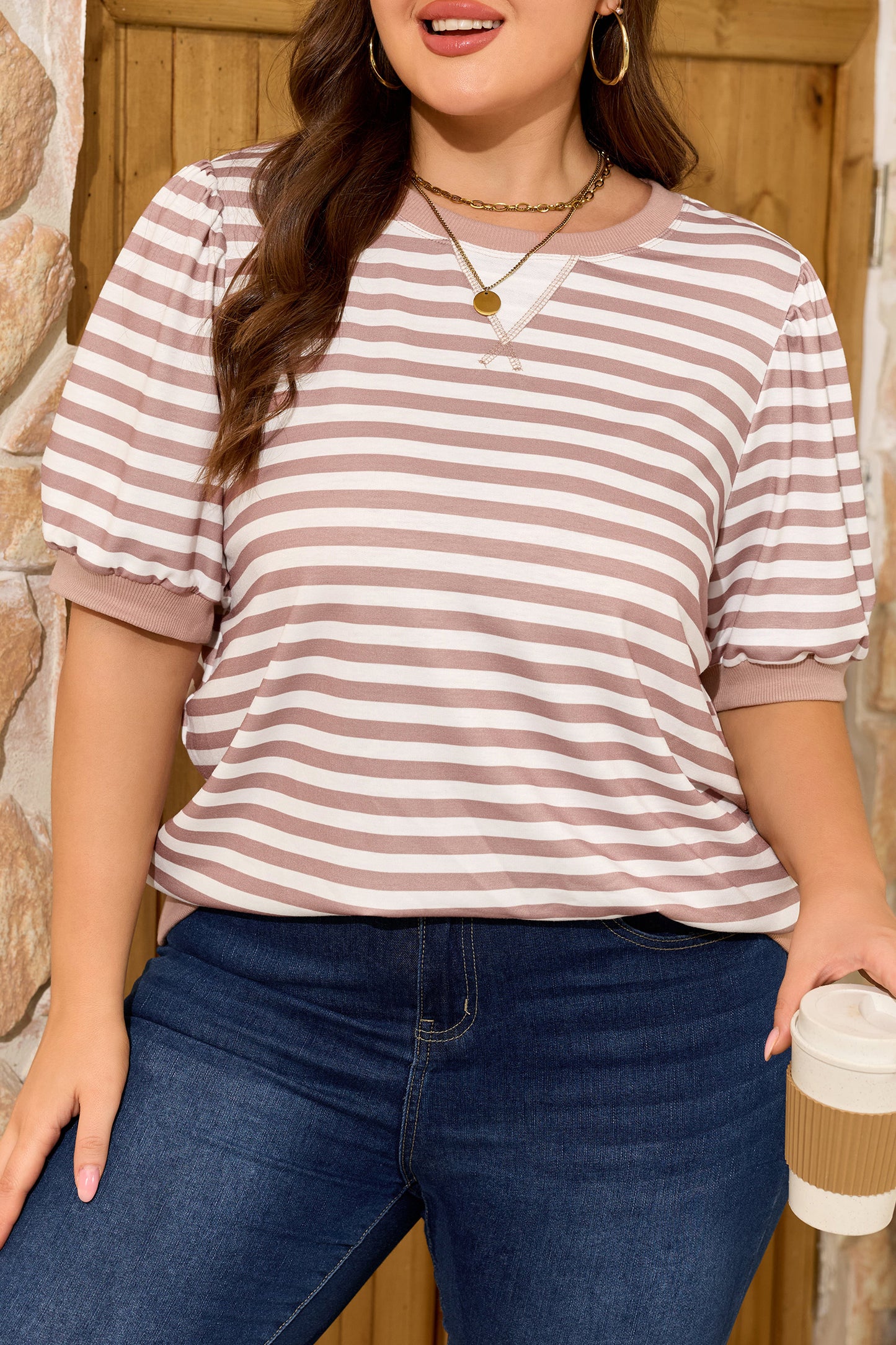 Orange Stripe Ribbed Trim Round Neck Short Puff Sleeve Plus T Shirt