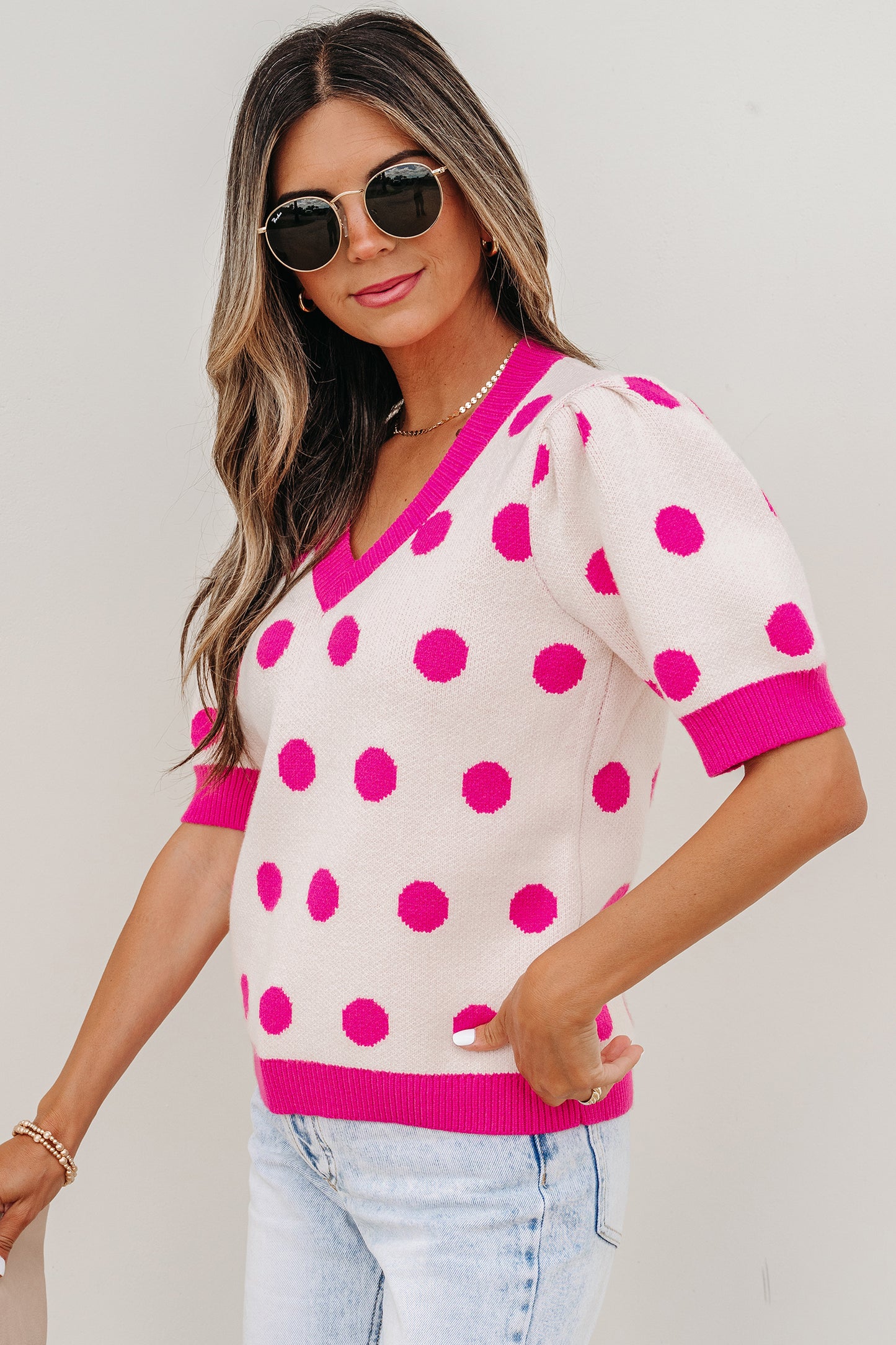 Pink Polka Dot Puff Short Sleeve Sweater Top